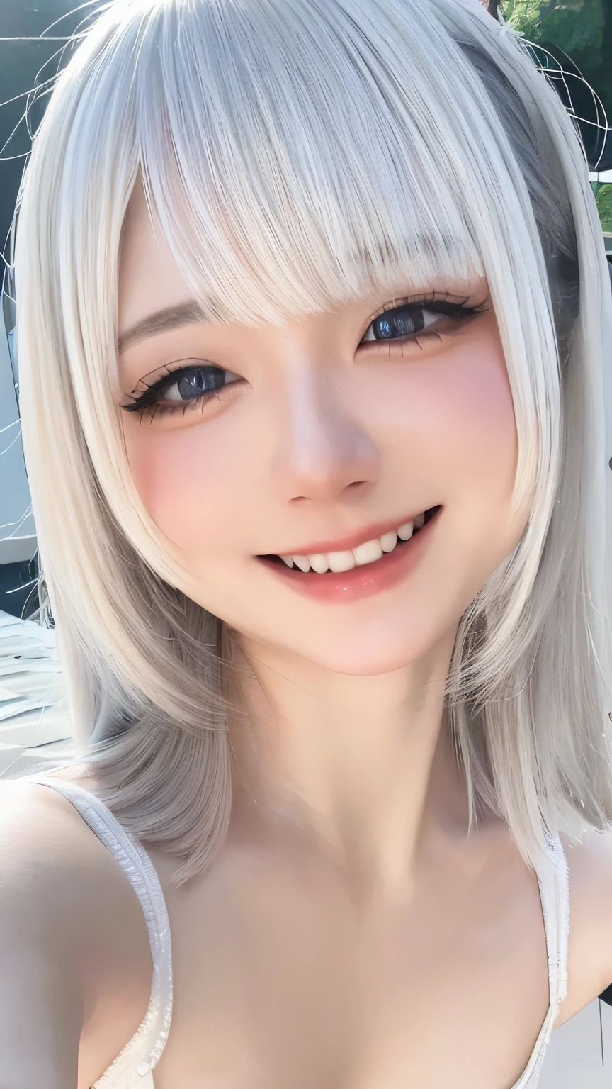 (((Highest quality))),(((Very detailed))),masterpiece,(((Realistic))),(((Photorealistic))),Russia、１men and women、Beautiful silver hair、Natural light、smooth lips、Small Nose、((No makeup))、(((Cute beautiful perfect face at 18 years old)))、Small breasts、Cute pose 、(Smiling Kindly)、((Detailed face)), ((Upper body details)), (Delicate skin), White skin,(Cold colors)、(Highest quality) ,Gion Walk、((Blurred Background))