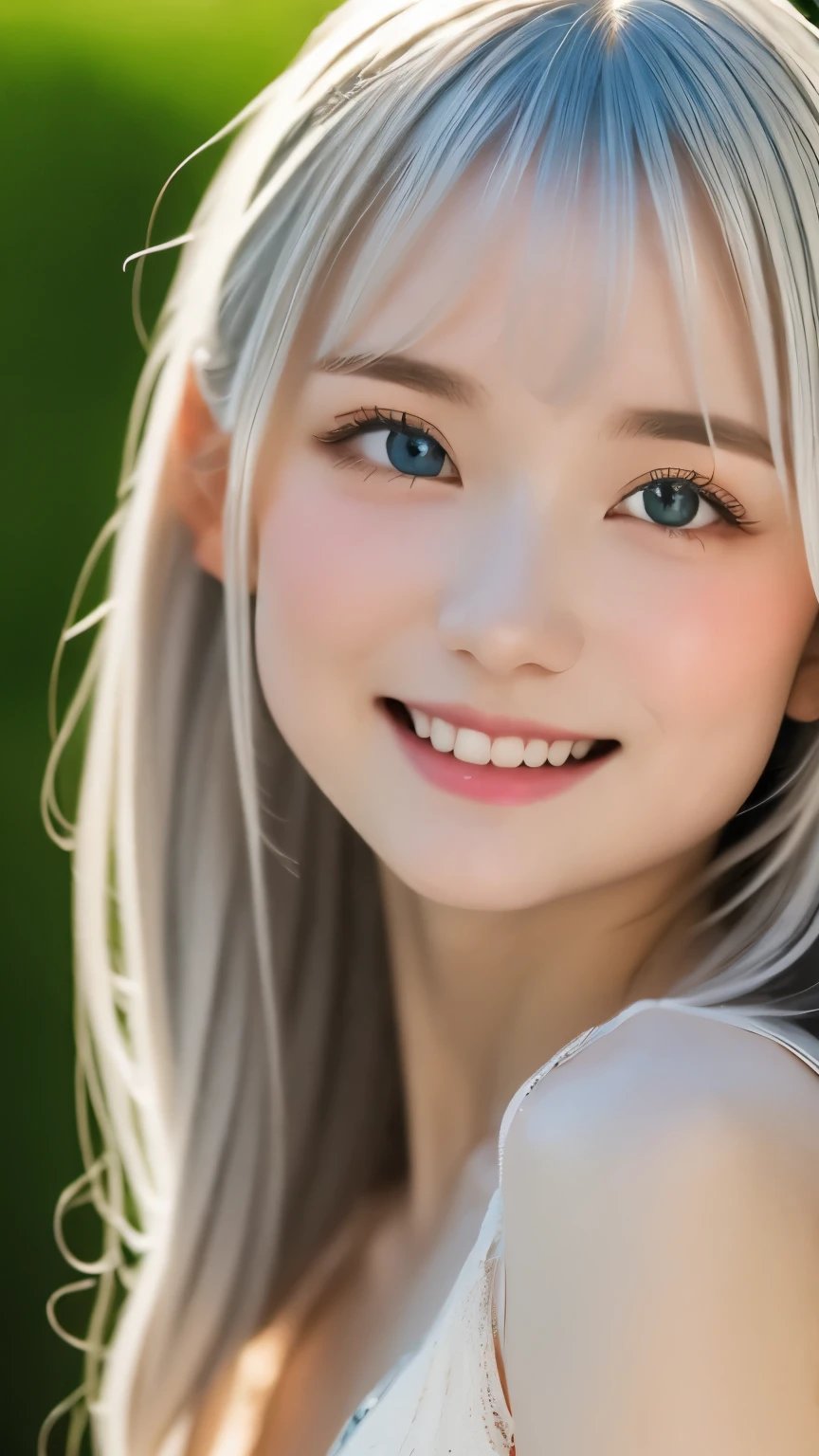 (((highest quality))),(((super detailed))),masterpiece,(((realistic))),(((Photoreal))),Russian、1men and women、beautiful silver hair、Natural light、smooth lips、small nose、((No makeup))、(((Cute beautiful perfect face at 18 years old)))、small breasts、cute pose 、(smile gently)、((detailed face)), ((Upper body details)), (delicate skin), white skin,(cold color)、(highest quality) ,Gion Walk、((blurred background))