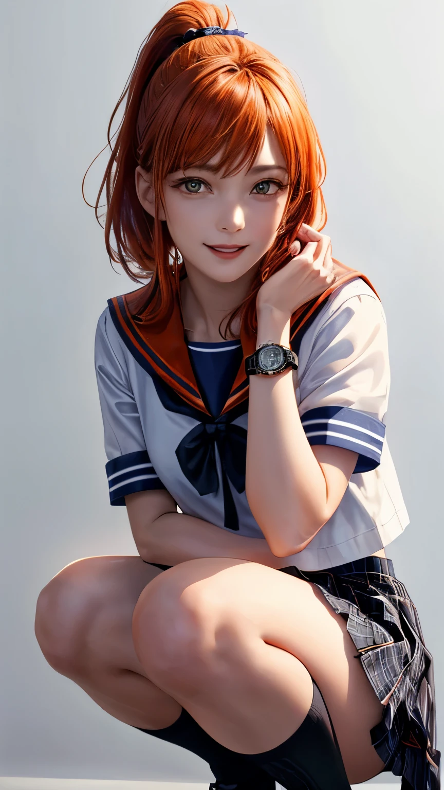 (highest quality、8k、32K、masterpiece)、(realistic)、(Photoreal:1.2)、(High resolution)、Super detailed、very beautiful face and eyes、1 girl、round and small face、thin waist、delicate body、(close、highest quality、high detail、rich skin details)、(highest quality、8k、oil paint:1.2)、Super detailed、(realistic、realistic:1.37)、bright colors、(((orange hair)))、(((full body shot)))、(((short ponytail hair)))、(((pure white wall background)))、(((pure white wall background)))、(((wear a sailor suit)))、(((I'laughter)))、(((wearing a short-sleeved sailor suit)))、(((look straight ahead)))、(((I have 朱色髪)))、(((wearing a pink watch)))、(((she is wearing a sailor suit)))、(((touching my hair with my right hand)))、(((orange hair)))、(((plaid pleated skirt)))、(((mini skirt)))、(((I'm wearing black knee socks)))
