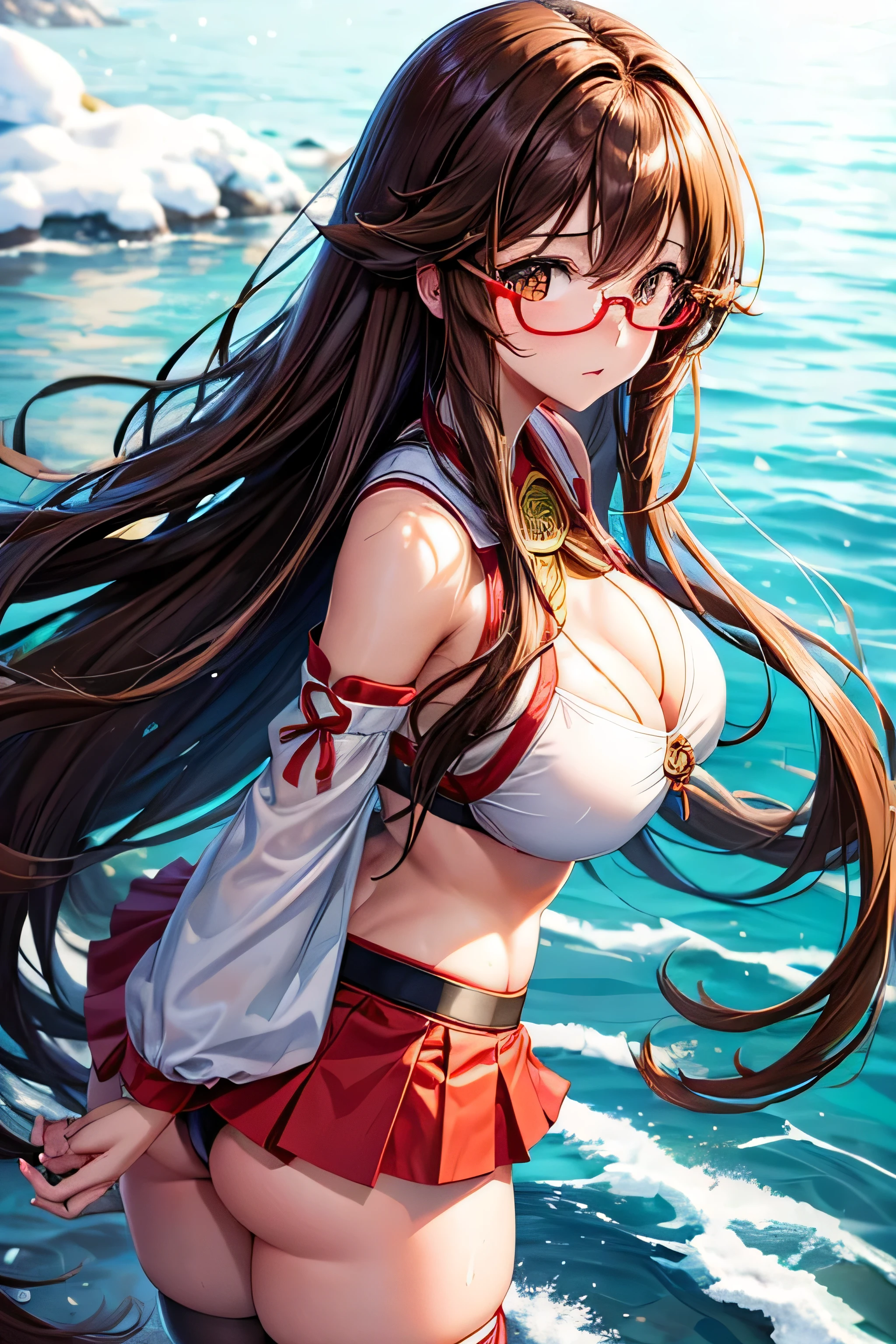 High resolution, high quality, 1 girl, anime girl, brown long hair, brown eyes,heart-shaped pupil, Green glasses, tanned skin, big breasts,beautiful breasts, (big ass),beautiful butt,Miko,red mini skirt,Are standing,At the shrine,snow Road,(water),