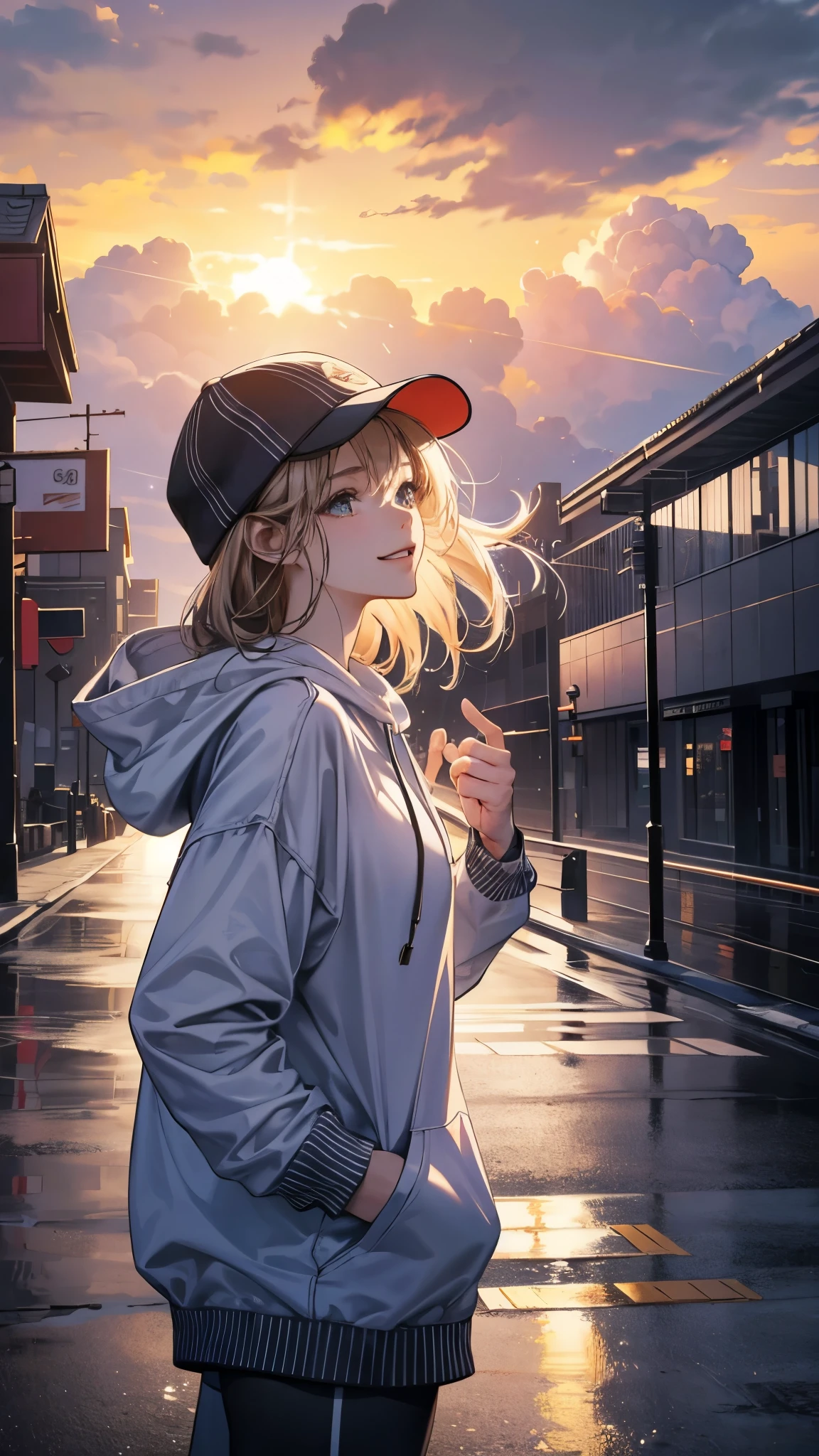 cinematic artwork of a woman walking alone, (she is looking up:1.3, wearing a hoodie, wearing a sports hat, laughing, hands in the pocket, professional image), cinematic atmosphere, semi-realistic, [:(perfect face, expressive face,expressive eyes):8], detailed textures, uhd, reflections, low angle, at the sunset, hair in the wind, breathtaking, alone, solitude, relaxed atmosphere, cozy, (freedom feeling), gorgeous sky, dynamic angle, wet floor. volumetric clouds, upper body shot, 8k, masterpiece, anime masterwork, wallpaer, award winner,