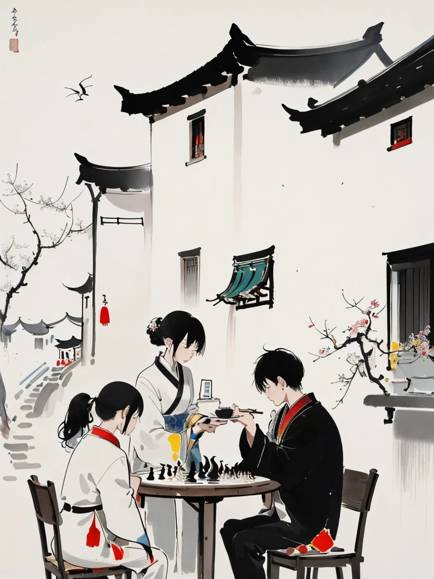 Wu Guanzhong style，Emerging young artists supported by Wu Guanzhong，Through the fusion of traditional and modern elements，Full color landscape figure painting close-up，China，Figures in robes sit around the table，lace，play chess，chess on the table，cat on table，Cat watching chess，Flowers outside the window，Butterflies in the air，The entire scene is depicted vividly and in the artistic style of Wu Guanzhong，即使用China水墨画的技法结合现代感的构图与色彩，展现出一种独特的现代China美学，WuGuanZhong