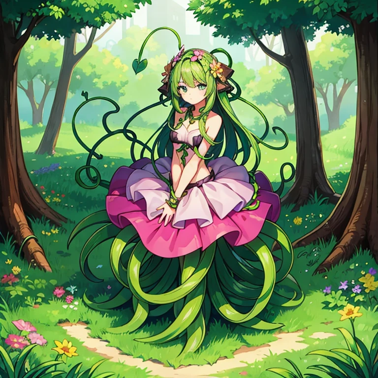 1girl, alraune, flower, vines, full body, outdoors, no legs, sweater, 