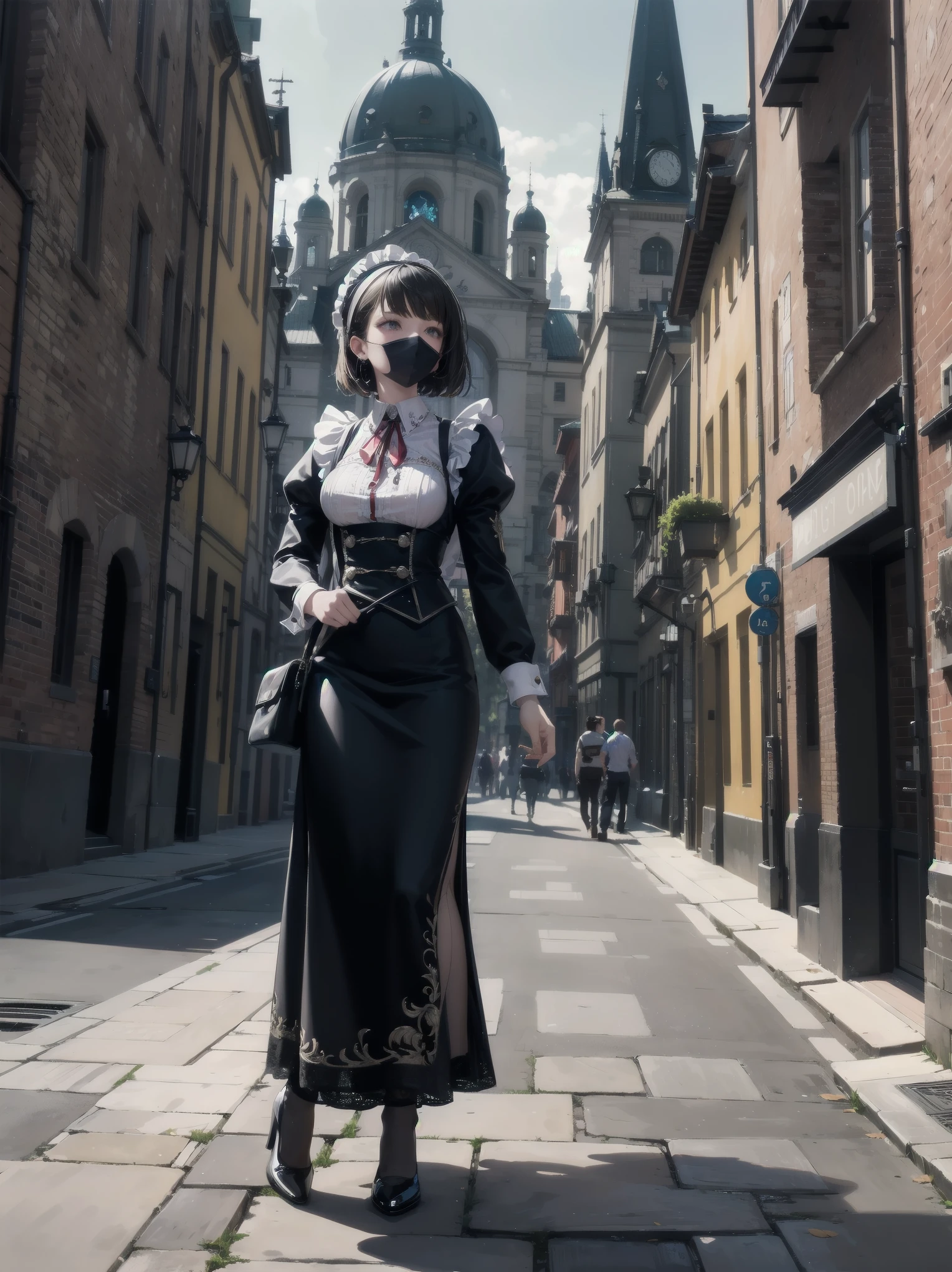 (Ultimate masterpiece), (Superb quality), (Ultra-detailed), High resolution, Ultimate beauty, High saturation, Vivid,.
"A young countess stands alone on a cobblestone street in Stockholm, Sweden, 2050. She wears an intricately detailed maid's uniform, with lace and embroidery adorning the collar and cuffs. The city around her is fantastical, with futuristic buildings towering above the stone pathways."