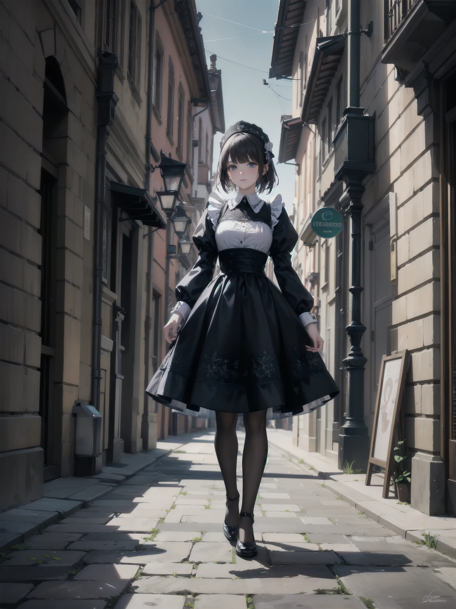 (Ultimate masterpiece), (Superb quality), (Ultra-detailed), High resolution, Ultimate beauty, High saturation, Vivid,.
 
 
"A young countess stands alone on a cobblestone street in Stockholm, Sweden, 2050. She wears an intricately detailed maid's uniform, with lace and embroidery adorning the collar and cuffs. The city around her is fantastical, with futuristic buildings towering above the stone pathways."