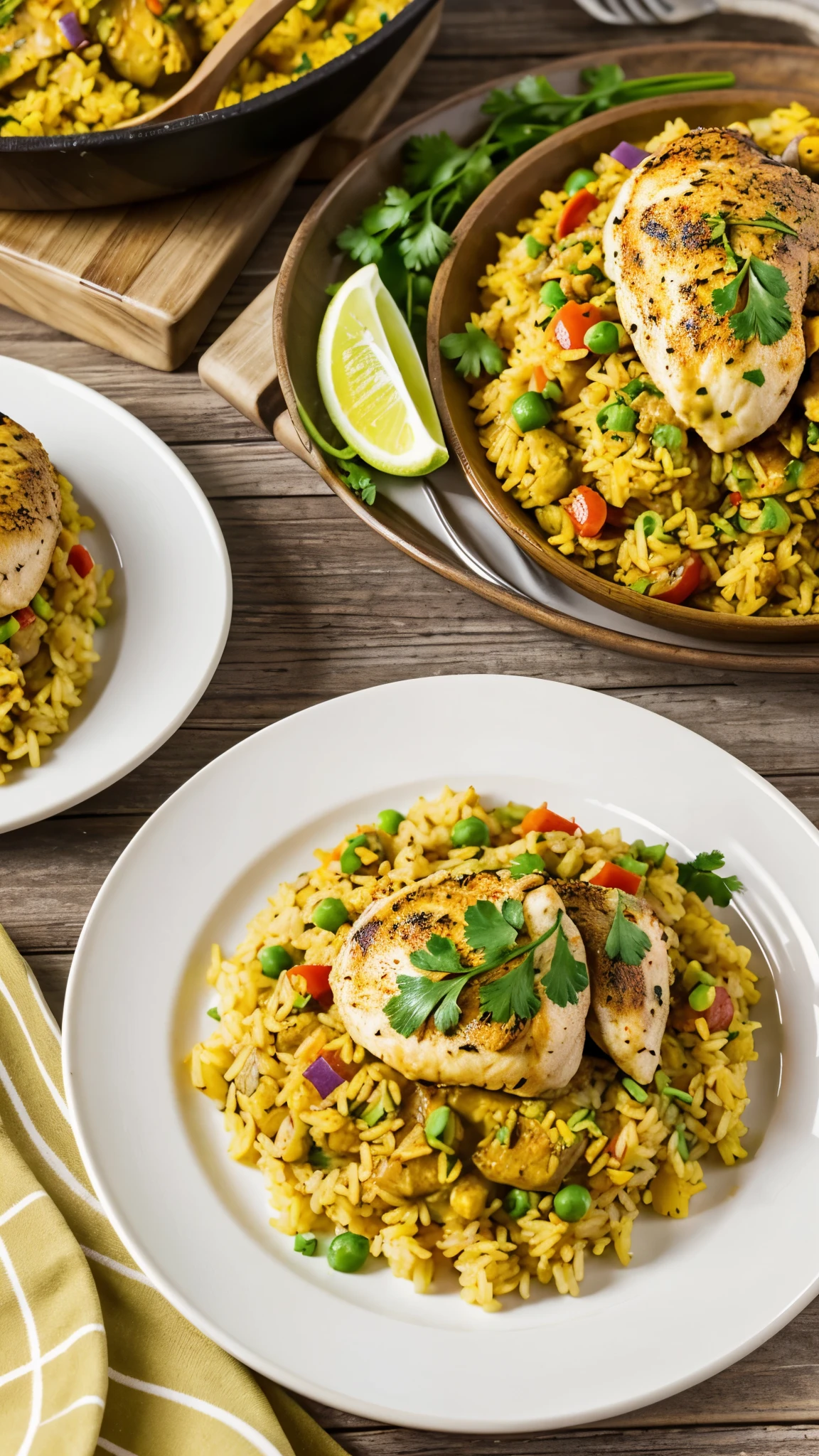 Arroz amarillo con pollo servido en un plato de lujo