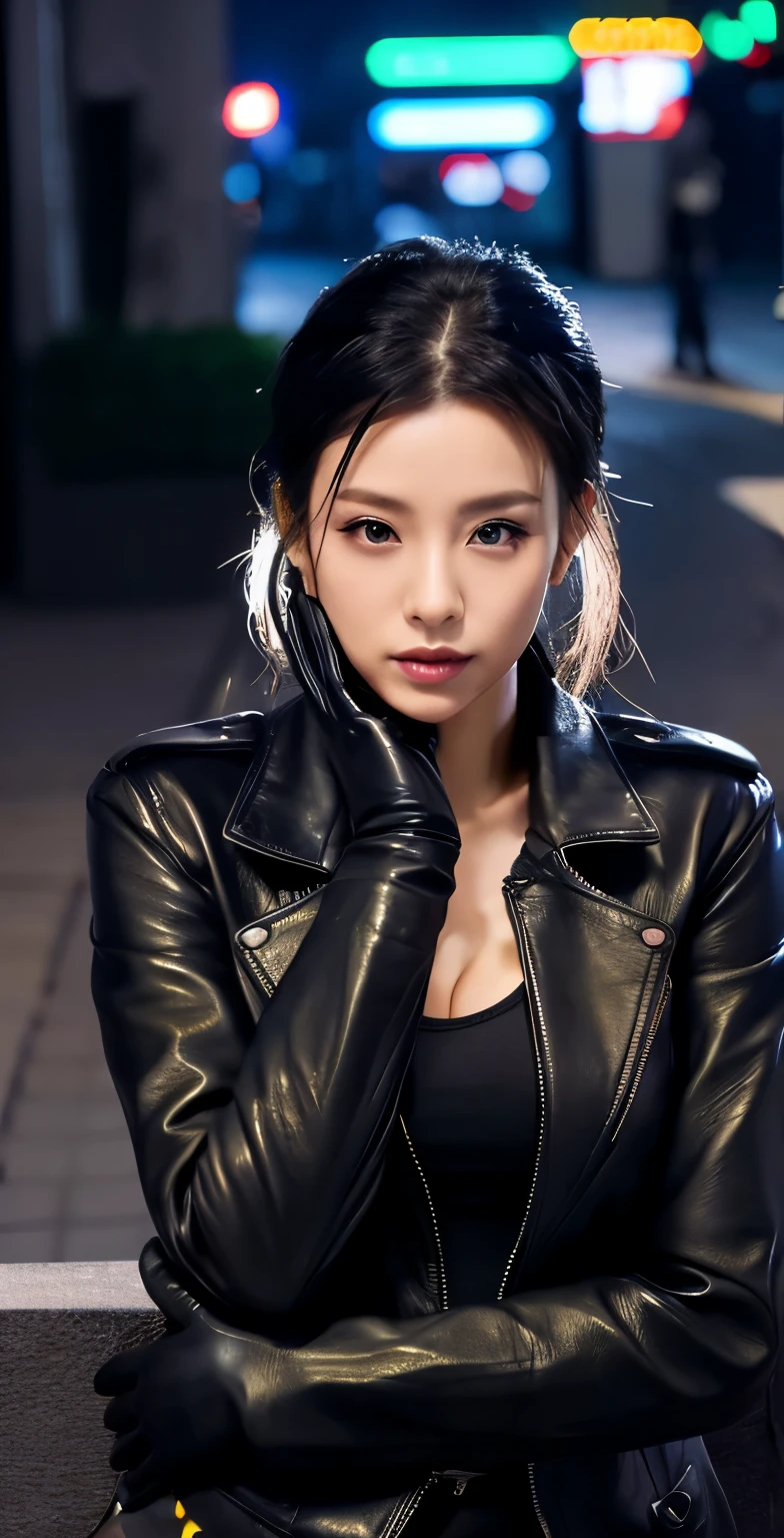 black leather rider jacket, office in the dark, Fingertips of black leather gloves on both hands,wearing black leather gloves,sitting in a black leather chair、 Japanese female new employee (black leather gloves cover both hands) (The angle is horizontal)、black leather leather pants,black leather black leather pants,black leather skinny pants、Long black leather boots on both feet、black hair ponytail ((He wears black leather gloves on his hands))Full body photo,full body shot full body full body leather suit,☺If you turn in this direction。wearing black leather gloves,wearing black leather gloves,wearing black leather gloves,wearing black leather gloves,wearing black leather gloves,wearing black leather gloves,黒のレザーパンツが美しい😍黒のレザーパンツが美しい😍黒のレザーパンツが美しい,😍I'm smiling while looking at you,city lights、((neon cyberpunk city street:1.3))、(neon light)、detailed lighting、
best image quality、ultra high resolution、(realism:1.4)、korean beauty star、The most beautiful KPOP stars、face、horny korean makeup、A body that makes you want to touch it、realistic leather texture、Costume made of smooth leather fabric、The drape of the curved parts of the leather fabric、The costume has a strong shine、costume quality、8K photo quality、