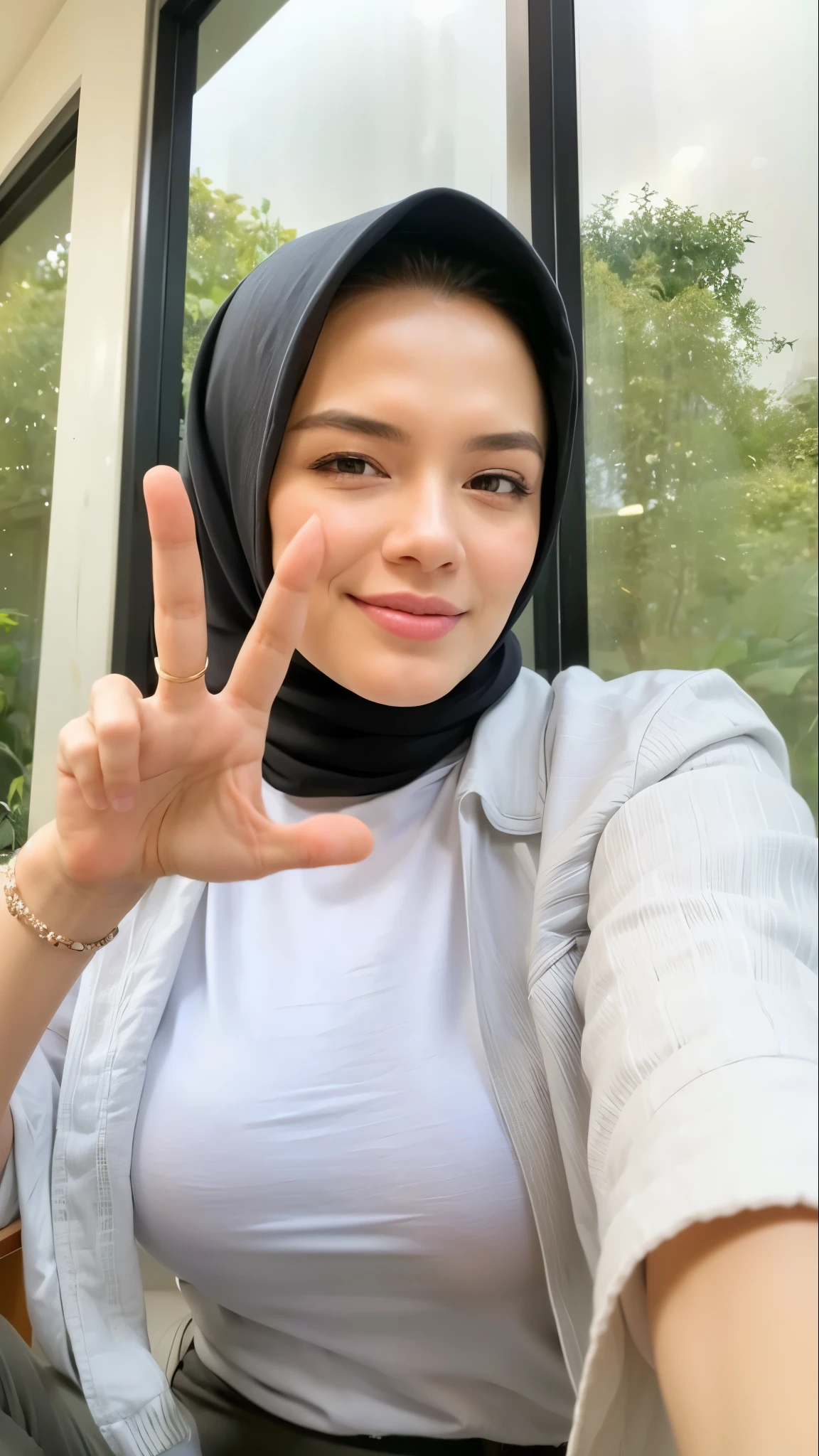 masterpiece, (ultra-high-definition portrait:1.4), Realistic, extremely detailed, CG unified, 8k, Clean lines, highly detailed, High-definition, raw color photos, she is smiling, Realistic portrait, Cinematic Light, Beautiful detailed, 1hijabgirl indonesian, (165cm tall, big breasts with very very tight clothes:1.5), Beautiful big breasts, breasts details, very tight, (Biggorgeous eyes, Soft smile with lovely look:1.5), (Fine face:1.4), Close up of a girl in Beautiful clothes with errcted nipple, biggorgeous eyes, Soft smile, scarf, (Beautiful Tight Clothing with curvaceous body:2), pose 4 of 1 6, Undress, No bra, (nipples that are clearly sticking out detail:1.2), Outdoors, high intricate detailed, float, cum on, Sense of truth, beautiful landscape forest, sexy lighting,