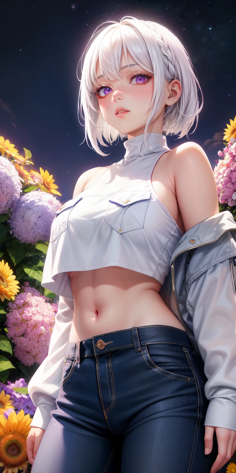 realistic, 1girl, full body, white short hair, cat ear, glowing blue eyes, thin shirt with only one button, sexy skirt jeans, underboobs , hands tied into a back hair, parted lips, big breast, blush, standing, midnight, hyper-detailed, high quality, 8k, photorealistic, professional digital painting, dramatic lighting, vibrant colors, intricate details, serene atmosphere, natural environment, ethereal, dreamy