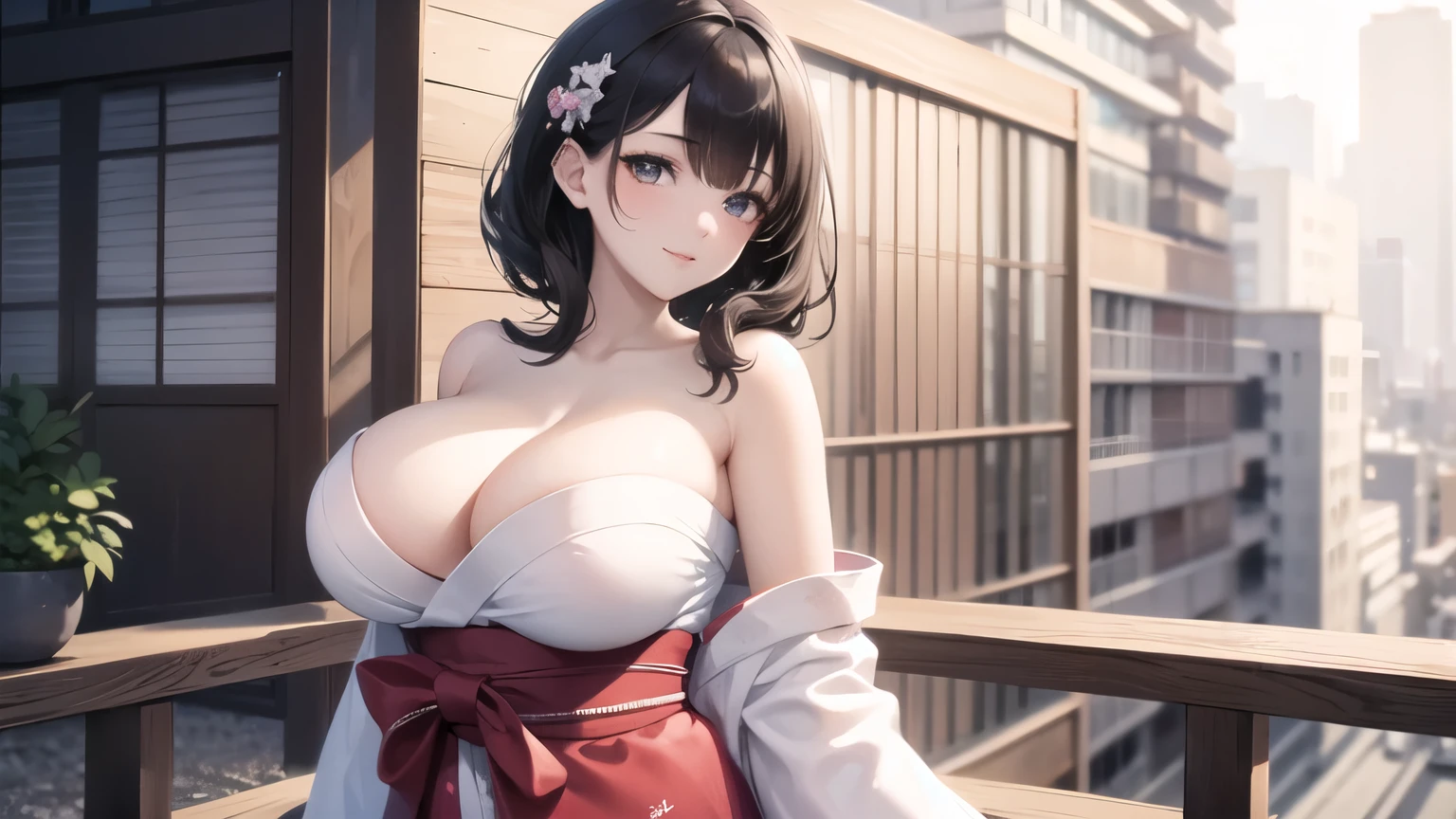 (((masterpiece, best quality))), (((superior quality))), cute girl, ((extremely detailed girl)), (huge breasts), (yukata), (bare shoulders), strapless top, slight smile