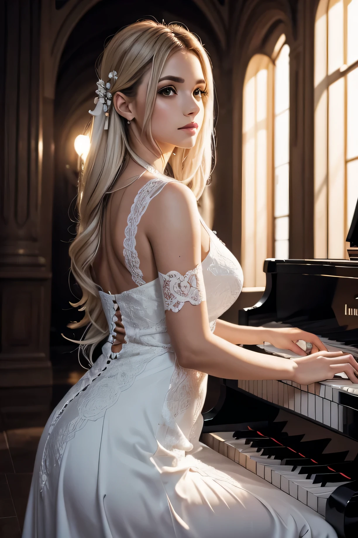 mujer usando vestido completamente blanco, gran definicion, en medio de la nada, tocando el piano en un lugar muy oscuro, pero se logra ver completa gracias a una luz que la alumbra desde arriba. 8K. (tiene cabello completamente blanco) tiene tatuaje en los brazos y es muy linda hd