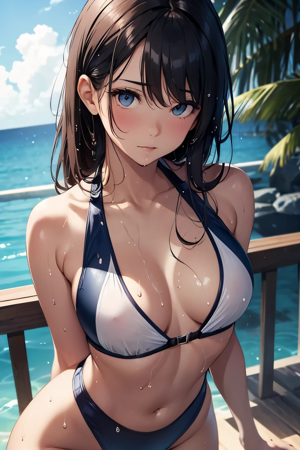 Beautiful girl, swimsuit, wet skin, sweat, small breasts, sexy,