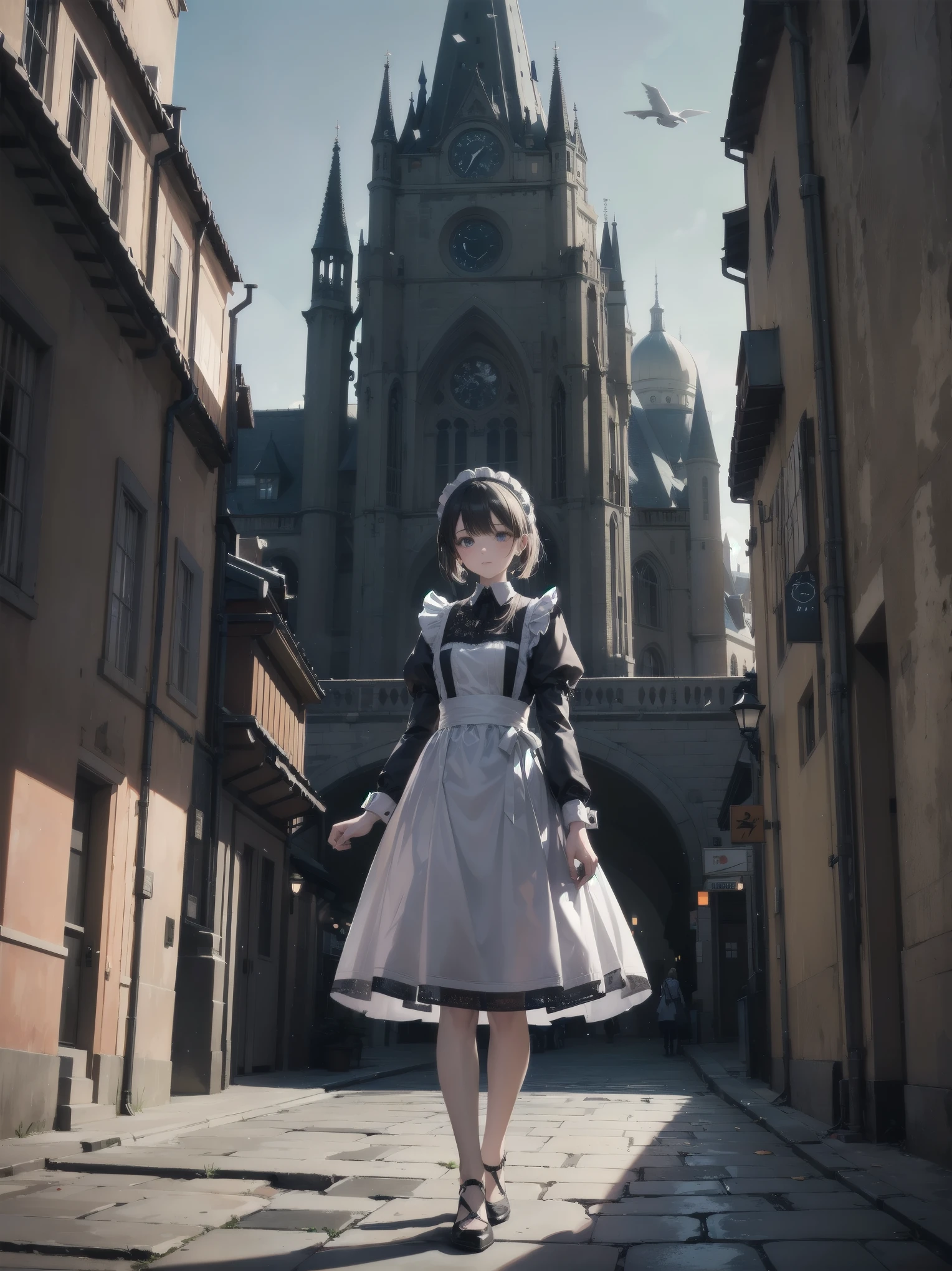 (Ultimate masterpiece), (Superb quality), (Ultra-detailed), High resolution, Ultimate beauty, High saturation, Vivid,.
"A young countess stands alone on a cobblestone street in Stockholm, Sweden, 2050. She wears an intricately detailed maid's uniform, with lace and embroidery adorning the collar and cuffs. The city around her is fantastical, with futuristic buildings towering above the stone pathways."