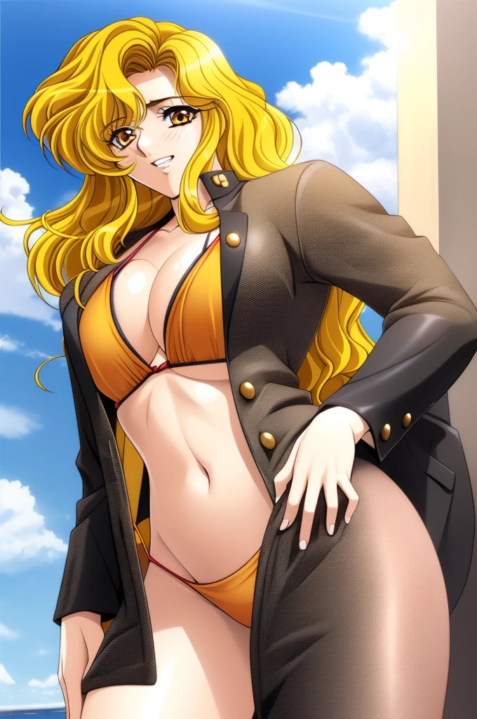 ItoRyoko, masterpiece, best quality, a very sexy mature woman in a black and orange tropical printed bikini with an unbuttoned white hoodie jacket, 1girl, solo, tiny bikini, sexy swimsuit, breasts, bra, navel, front tied bikini top, under , cleavage, open shirt, sweat, looking at viewer, side tied bikini bottom, open clothes, sexy smile, lady detective, mature woman, long hair, blonde hair, wavy hairstyle, yellow eyes, slender face, slender body, medium breasts, nice ass, beautiful tits, beautiful ass,