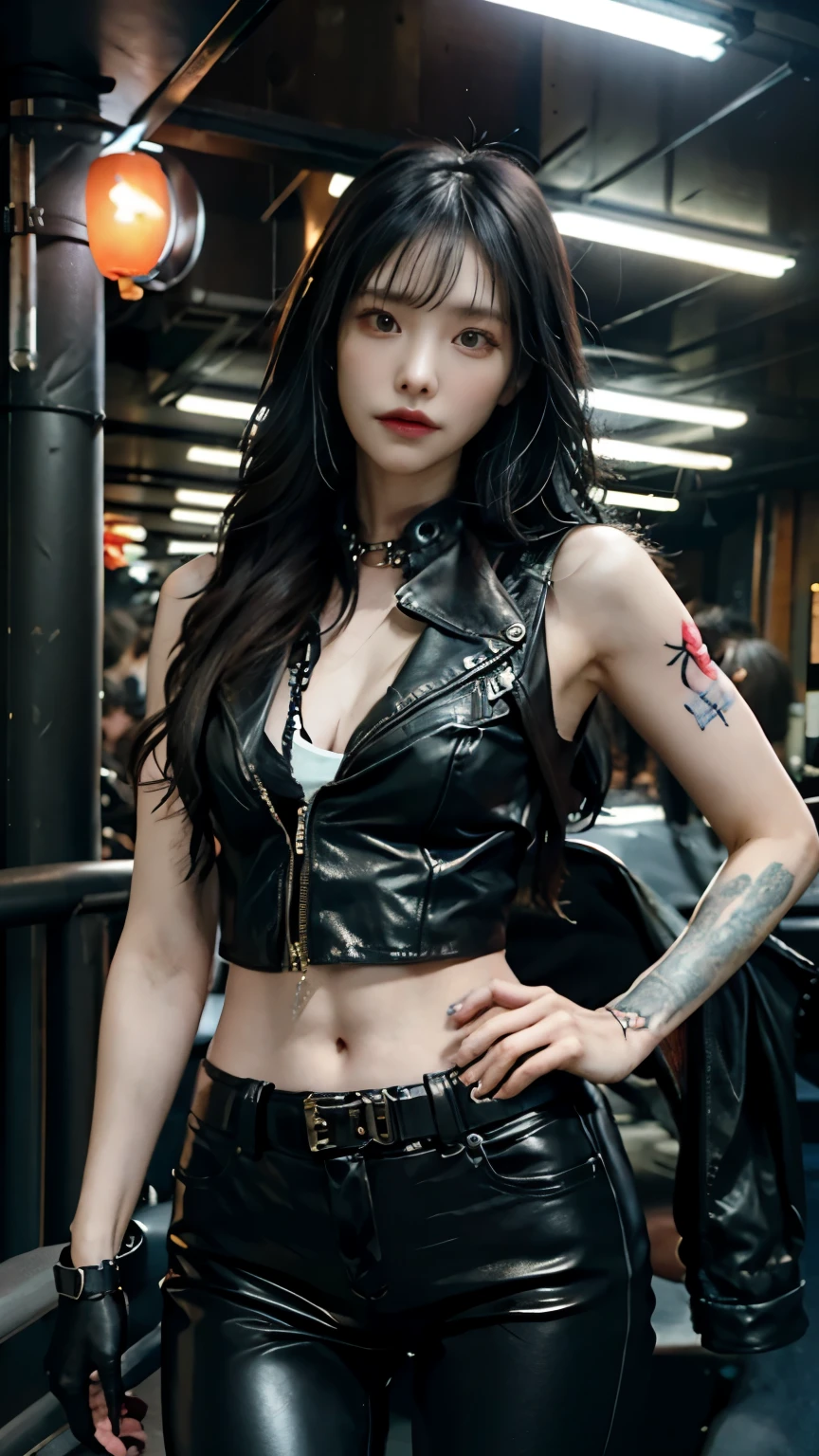 (highest quality)，masterpiece，Super detailed，8K, UHD，Beautiful woman，japanese woman，No expression，whole body，((tattoo))，slim，black leather pants，black leather vest，(female mafia)，gangster，(cyberpunk city)，night，cinematic lightening，underworld