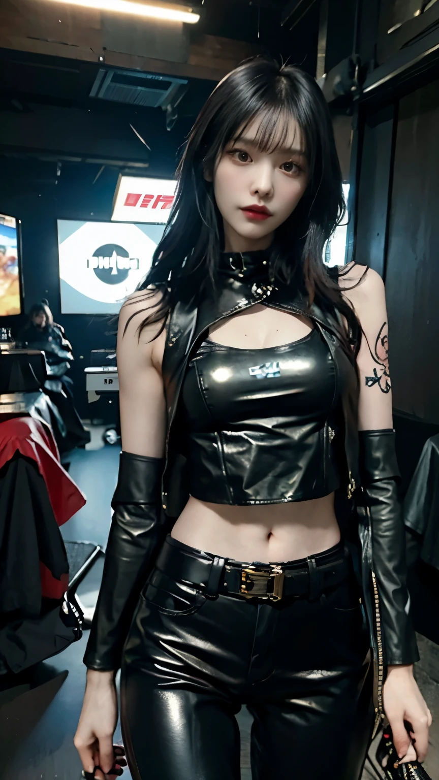 (highest quality)，masterpiece，Super detailed，8K, UHD，Beautiful woman，japanese woman，No expression，whole body，((tattoo))，slim，black leather pants，black leather vest，(female mafia)，gangster，(cyberpunk city)，night，cinematic lightening，underworld