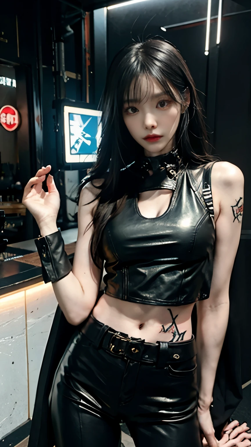 (highest quality)，masterpiece，Super detailed，8K, UHD，Beautiful woman，japanese woman，No expression，whole body，((tattoo))，slim，black leather pants，black leather vest，(female mafia)，gangster，(cyberpunk city)，night，cinematic lightening，underworld