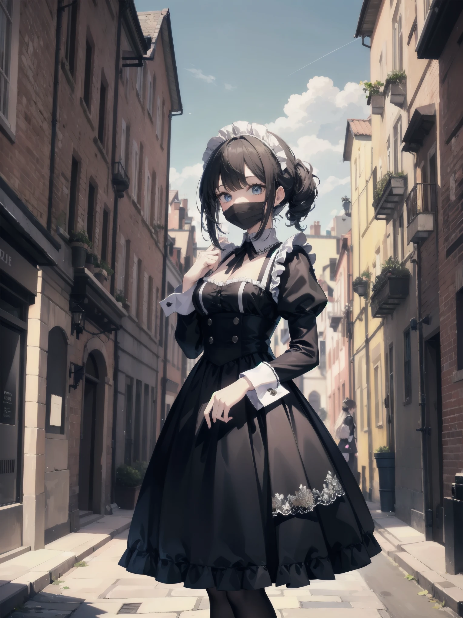 (Ultimate masterpiece), (Superb quality), (Ultra-detailed), High resolution, Ultimate beauty, High saturation, Vivid,. "A young countess stands alone on a cobblestone street in Stockholm, Sweden, 2050. She wears an intricately detailed maid's uniform, with lace and embroidery adorning the collar and cuffs. The city around her is fantastical, with futuristic buildings towering above the stone pathways."