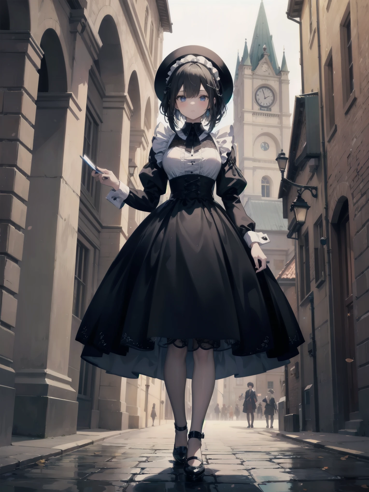 (Ultimate masterpiece), (Superb quality), (Ultra-detailed), High resolution, Ultimate beauty, High saturation, Vivid,. "A young countess stands alone on a cobblestone street in Stockholm, Sweden, 2050. She wears an intricately detailed maid's uniform, with lace and embroidery adorning the collar and cuffs. The city around her is fantastical, with futuristic buildings towering above the stone pathways."