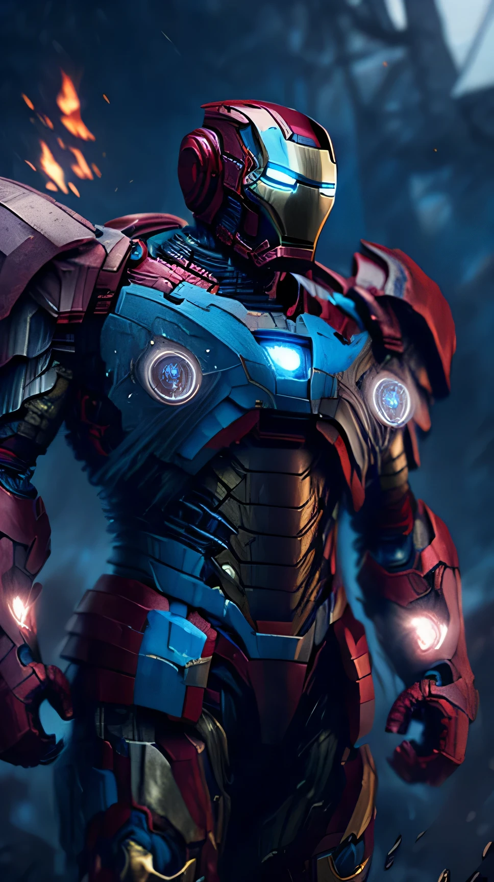 Nahaufnahme (Philippinen Iron Man im Wikinger-Stil: 1.3) taucht aus nassem schwarzem Schlamm auf, extremely detailed, Rauch, Funken, Metallspäne, flying debris, volumetrisches Licht, in blue-red-white color