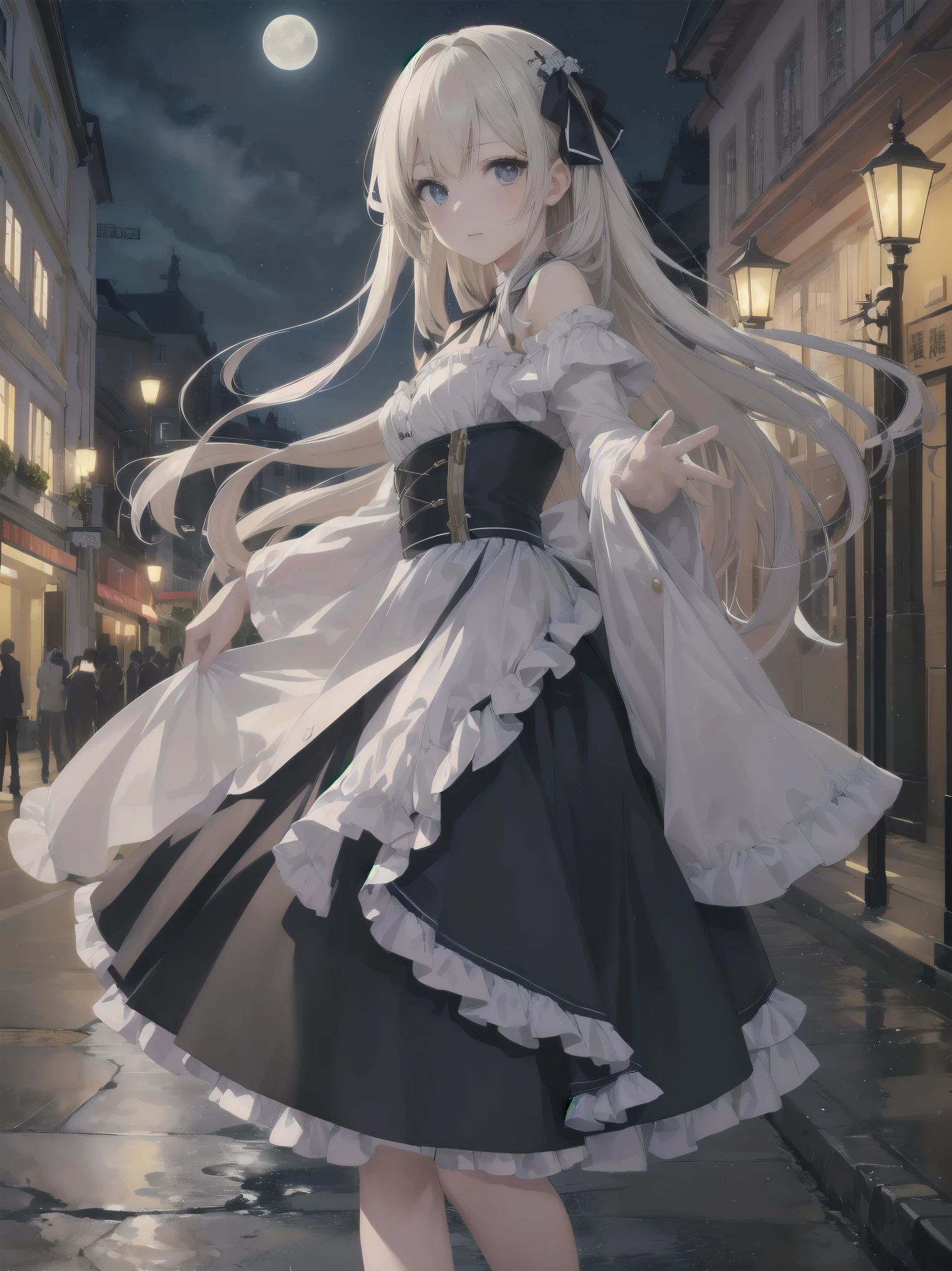 Artistic AI Art Galaxy、one girl、dynamic pose、(Ultimate masterpiece), (Superb quality), (Ultra-detailed), High resolution, Ultimate beauty, High saturation, Vivid,. 1 beautiful girl,(cute girl)「the girl、While watching the moon floating in the night sky、Strolling through the streets of Vienna in the 1920s。she、With neat clothes and elegant poses、天才美少女剣士のshe必殺技を唱える
