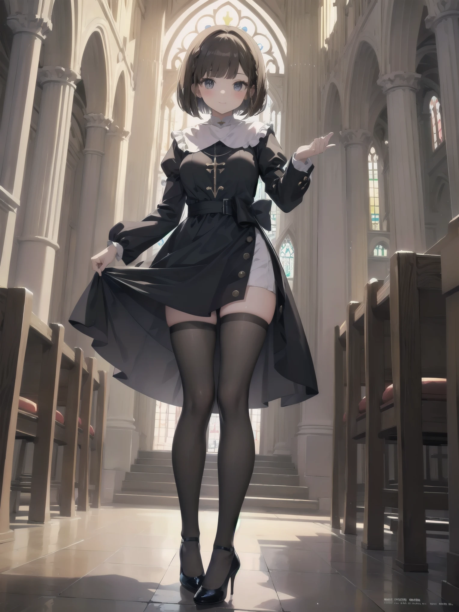 (Ultimate masterpiece), (Superb quality), (Ultra-detailed), High resolution, Ultimate beauty, High saturation, Vivid,.
Artistic AI Art Galaxy、one girl、dynamic pose、
1 beautiful girl, (cute girl), (thighs, black tights), (high heels), (cathedral dress), convent dress,
Super smile, brown hair, one length bob cut braided, (standing, dynamic pose), (dainty pose, super cute), oldest and historic place of worship, indoor background,
Fashion magazine shoot, professional shading, best illustration of her looking pretty.
