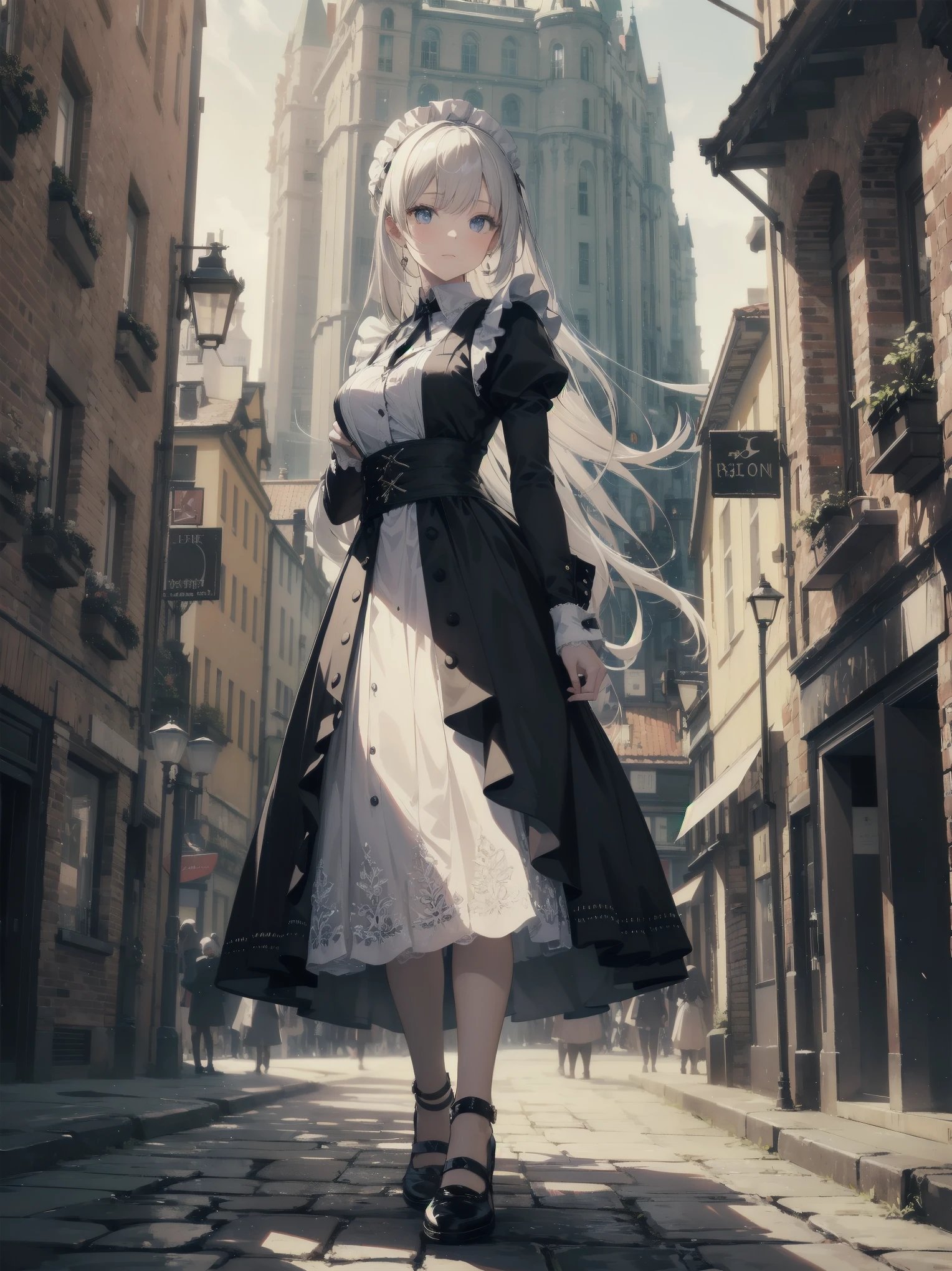 (Ultimate masterpiece), (Superb quality), (Ultra-detailed), High resolution, Ultimate beauty, High saturation, Vivid,. "A young countess stands alone on a cobblestone street in Stockholm, Sweden, 2050. She wears an intricately detailed maid's uniform, with lace and embroidery adorning the collar and cuffs. The city around her is fantastical, with futuristic buildings towering above the stone pathways."