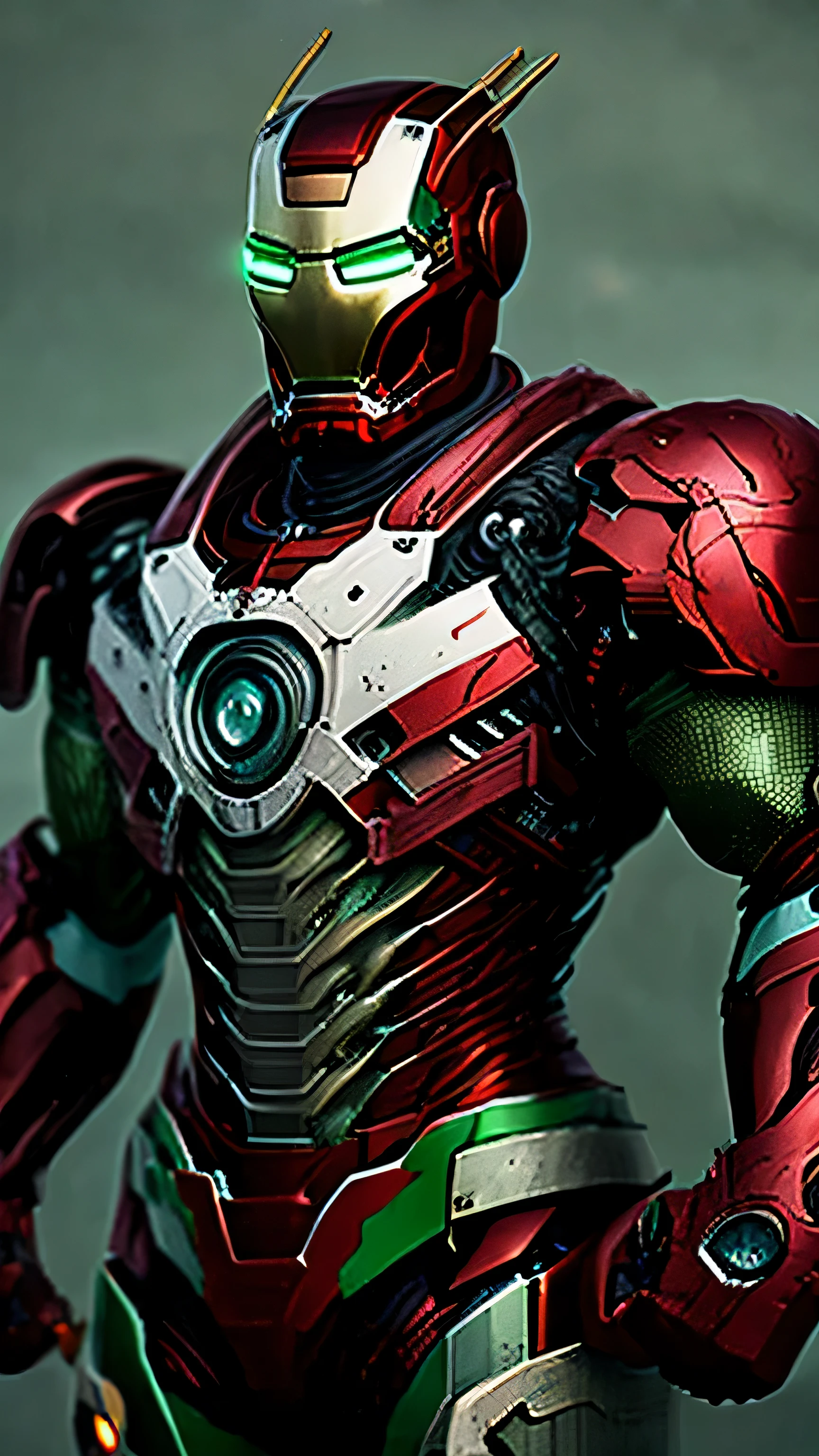 Nahaufnahme (Hungary Iron Man im Wikinger-Stil: 1.3) taucht aus nassem schwarzem Schlamm auf, extremely detailed, Rauch, Funken, Metallspäne, flying debris, volumetrisches Licht, in red-white-green color