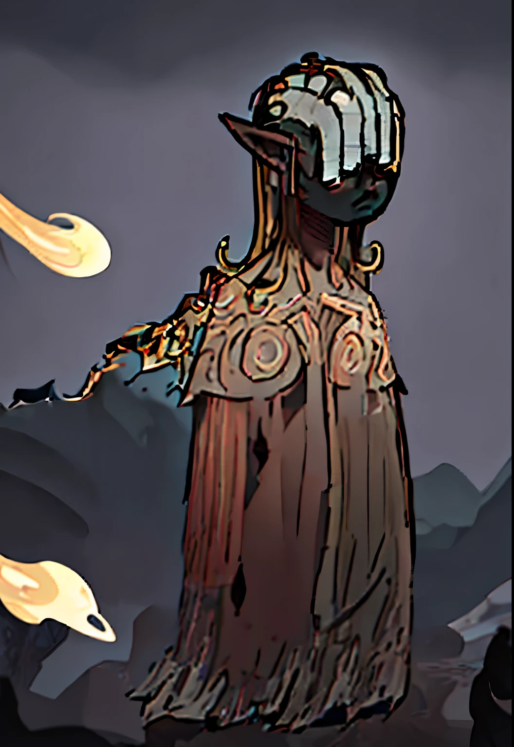 alabaster dark elf in a cloak covering his body, mask made of pipes