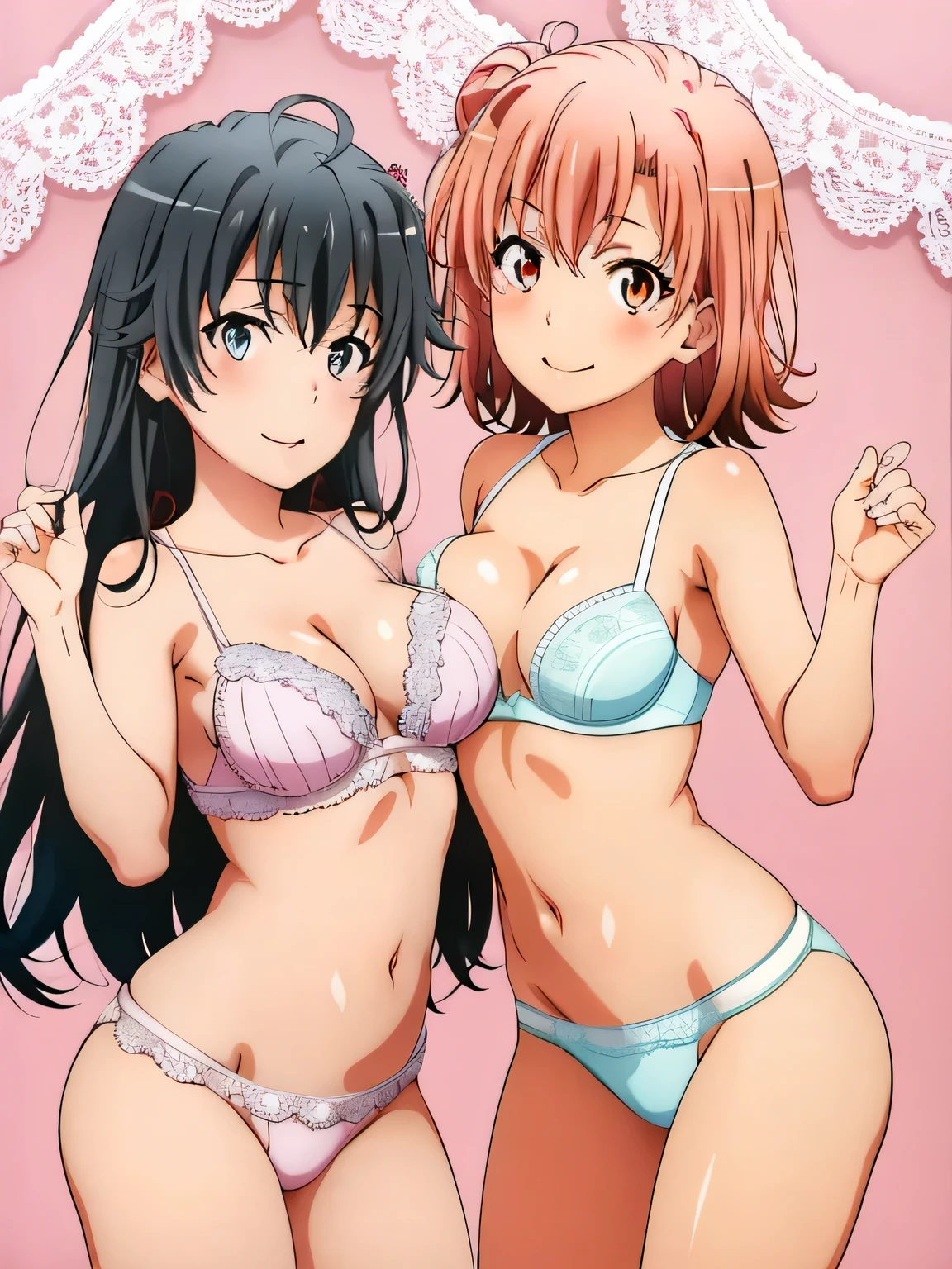 2 girls, sample background, White lace underwear Yukinoshita Yukino Married, Yuigahama Yui wearing pink lace underwear, lily