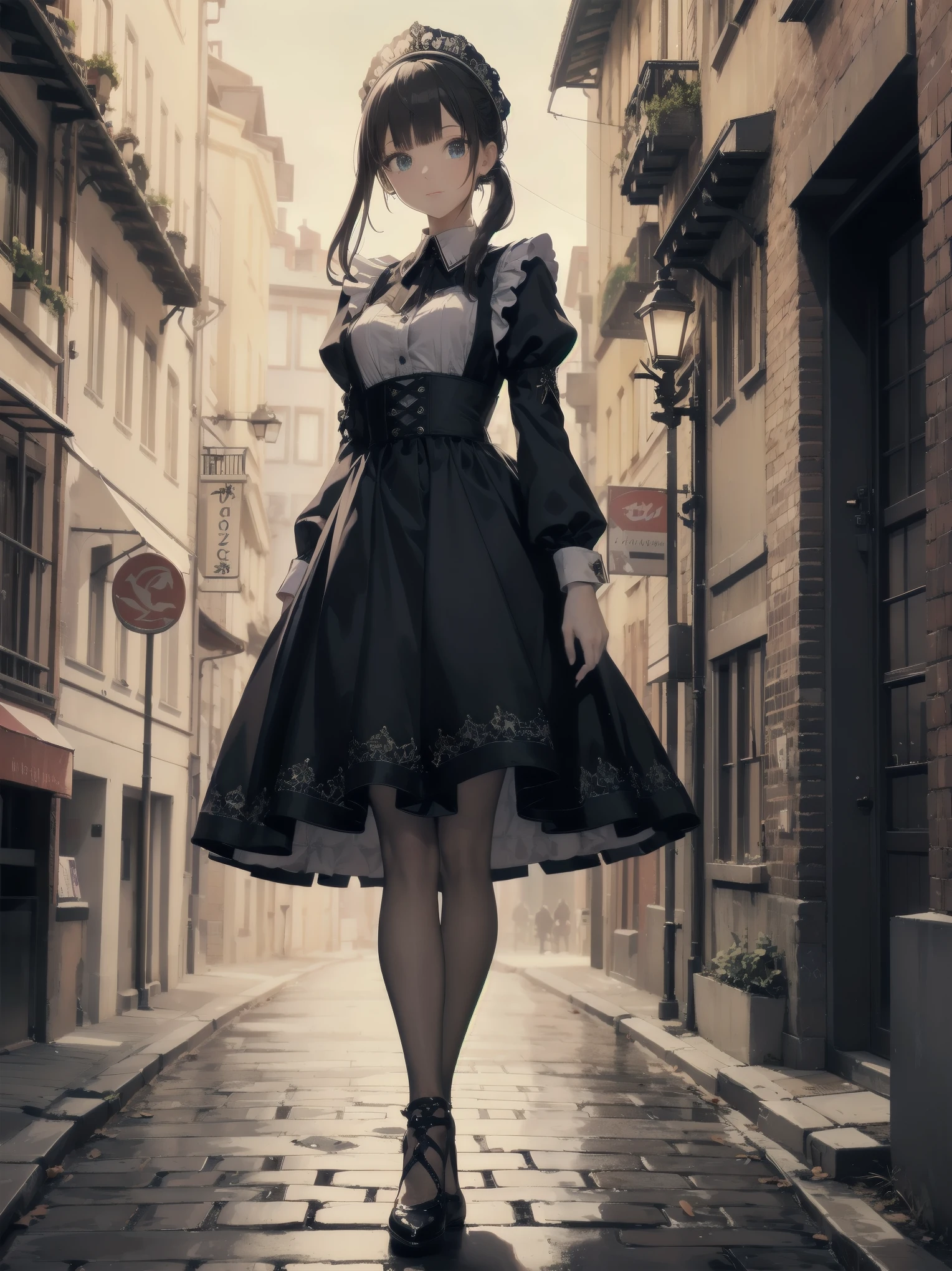 (Ultimate masterpiece), (Superb quality), (Ultra-detailed), High resolution, Ultimate beauty, High saturation, Vivid,. "A young countess stands alone on a cobblestone street in Stockholm, Sweden, 2050. She wears an intricately detailed maid's uniform, with lace and embroidery adorning the collar and cuffs. The city around her is fantastical, with futuristic buildings towering above the stone pathways."

