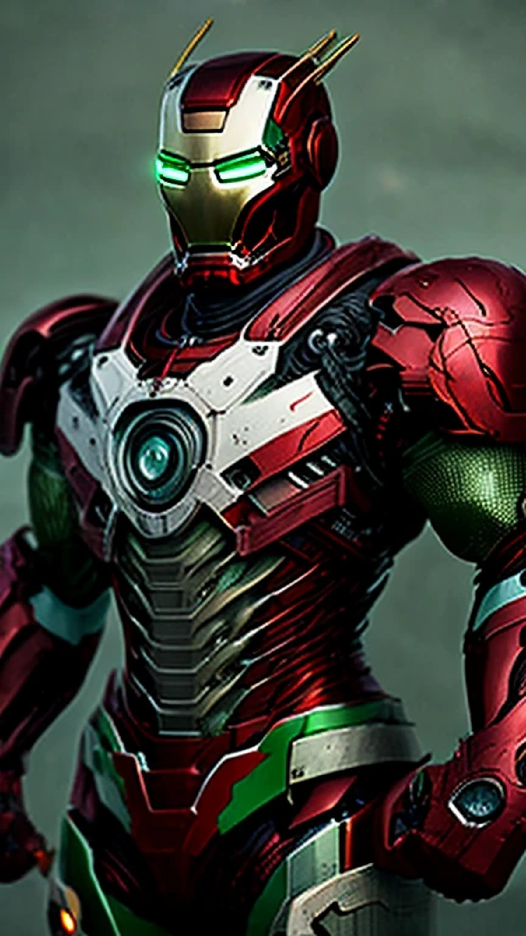 Nahaufnahme (Hungary Iron Man im Wikinger-Stil: 1.3) taucht aus nassem schwarzem Schlamm auf, extremely detailed, Rauch, Funken, Metallspäne, flying debris, volumetrisches Licht, in red-white-green color 