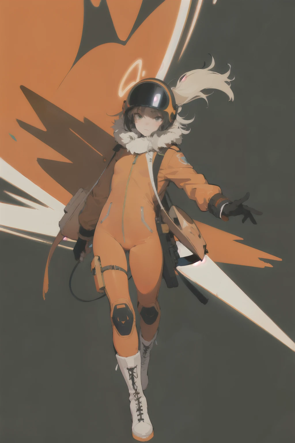 (ultra detailed,ultra high res,detailed background),((2D)),((flat color)),((muted color)),((floating neon)),1solo,looking at viewer, spray paint, graffiti, orange flight suit, big brown boots, fur collar, plush scarf, full body image, wearing a white motorcycle helmet