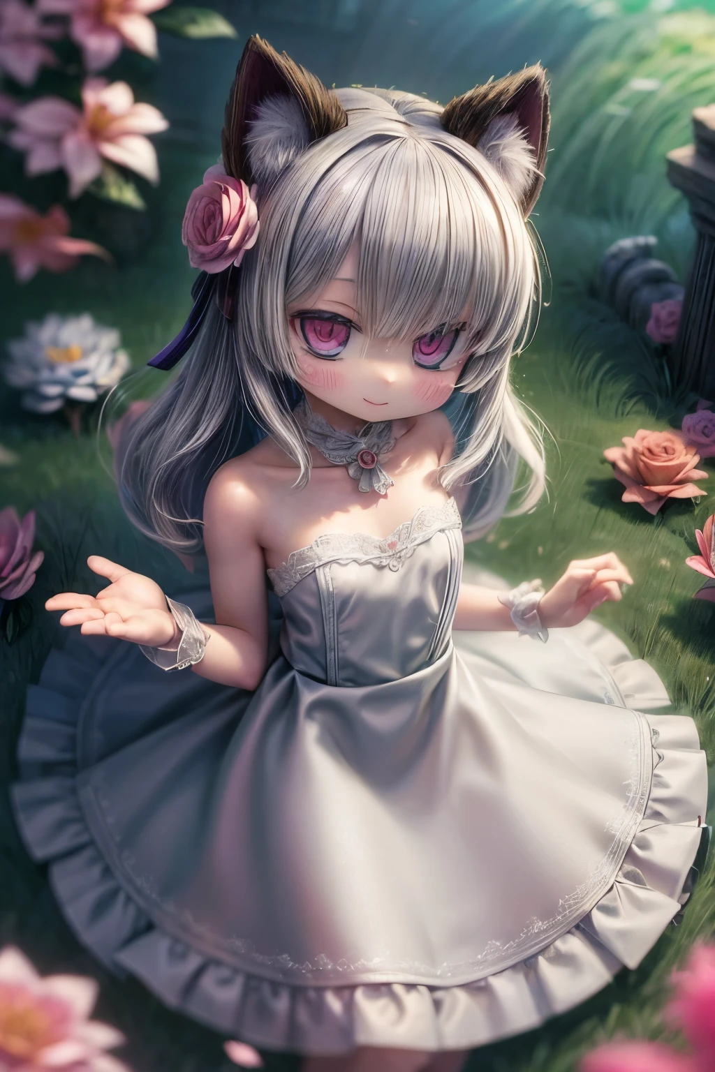 ((Masterpiece)), (Anime:1.3), ((best quality)), (RAW photo: 1.2), (High Definition:1.3), (Professional Photography:1.2), from above, textured skin, cinematic lighting, (Very unruly hair), medium hair, Very happy smile, Slender small breasts, (holding a bouquet of flowers with both hands), Luxury white shirt with beautiful decoration, Cat ears, pale silver hair, Big eyes, Cute Beautiful Girl, BREAK, ((best quality)), Beautiful ruins with lush vegetation and flowers, Summer day