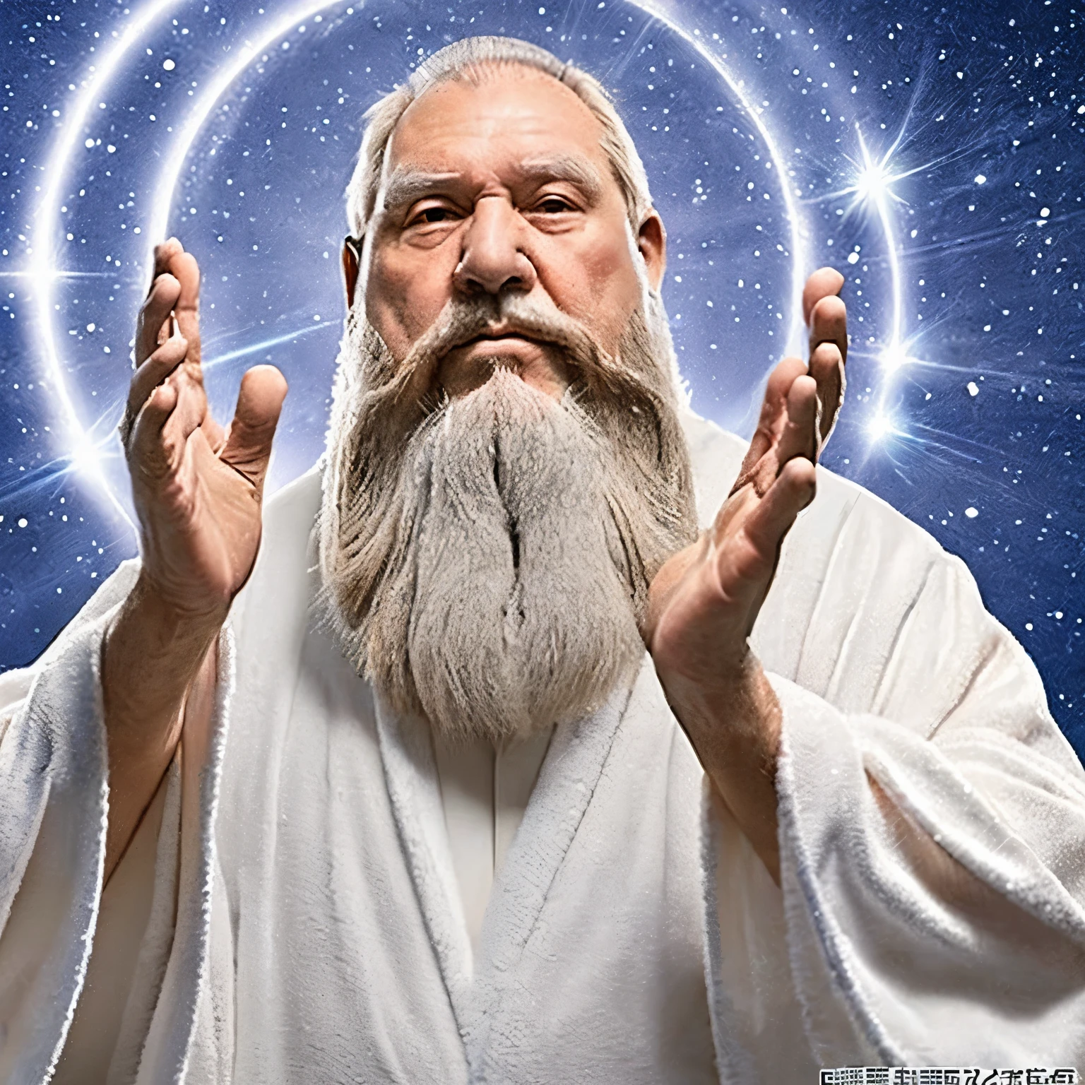 Grandpa with a long white beard wearing a white robe It emits light from its hands and has mysterious powers. god々New god秘的