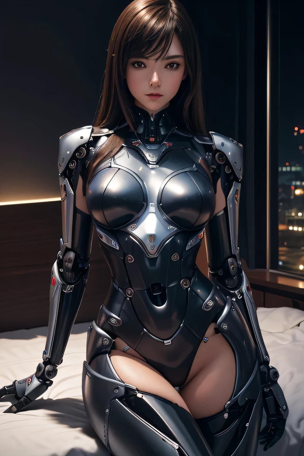 High school girl robot having sex Mechanical body with genitals exposed in the crotch mechanical limbs Seductive pose while sitting on bed bedroom at night, Hmm, retina, masterpiece, Accurate, anatomically correct, rough skin, Super detailed, advanced details, high quality, Awards, 最high quality, High resolution