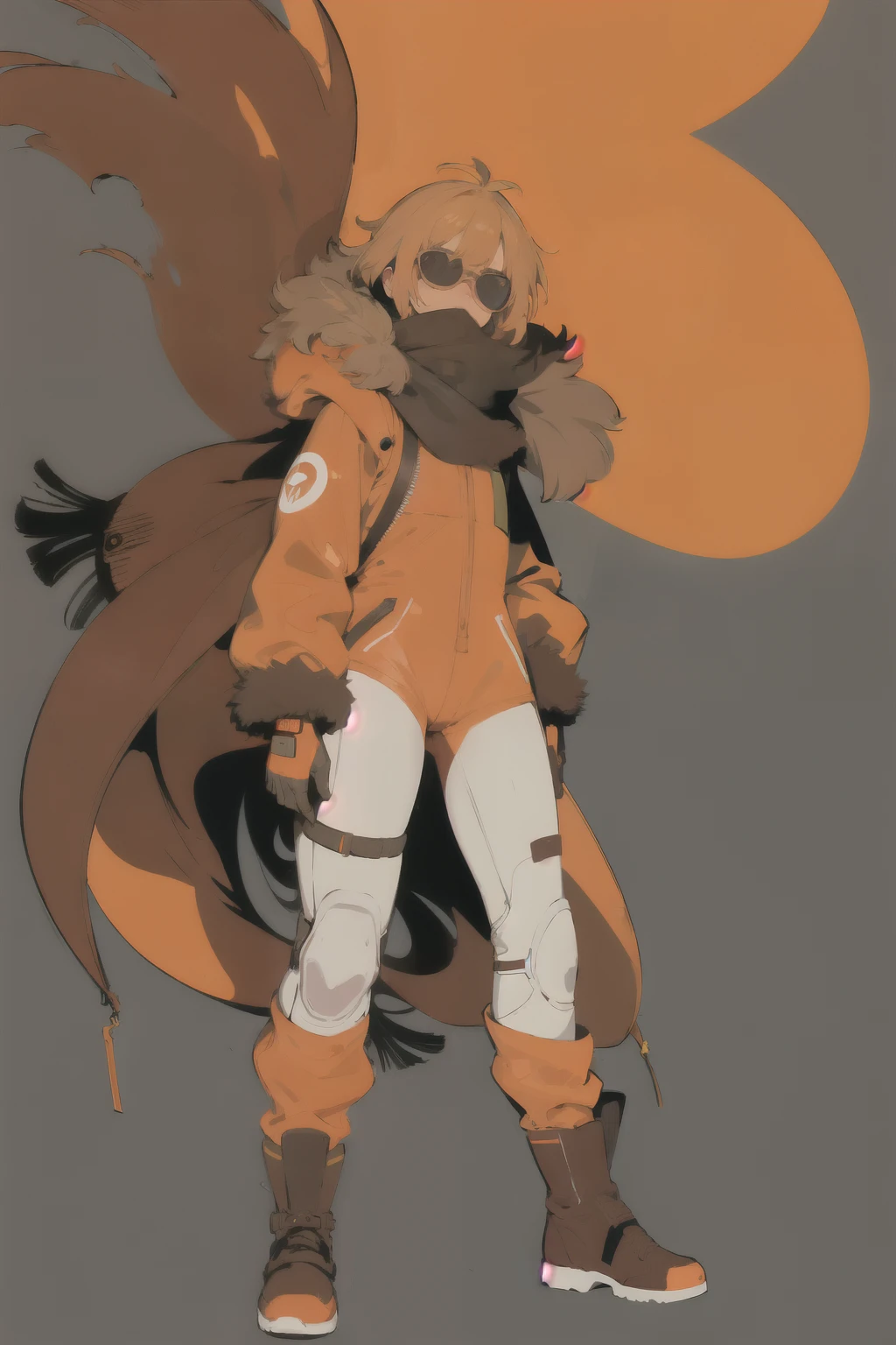 (ultra detailed,ultra high res,detailed background),((2D)),((flat color)),((muted color)),((floating neon)),1solo,looking at viewer, spray paint, graffiti, orange flight suit, big brown boots, fur collar, plush scarf, full body image, sunglasses