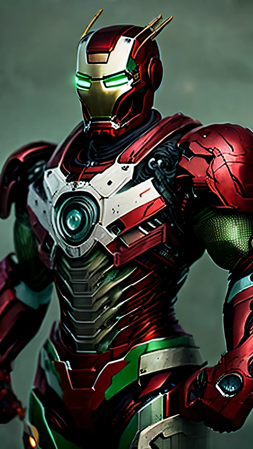 Nahaufnahme (Hungary Iron Man im Wikinger-Stil: 1.3) taucht aus nassem schwarzem Schlamm auf, extremely detailed, Rauch, Funken, Metallspäne, flying debris, volumetrisches Licht, in red-white-green color