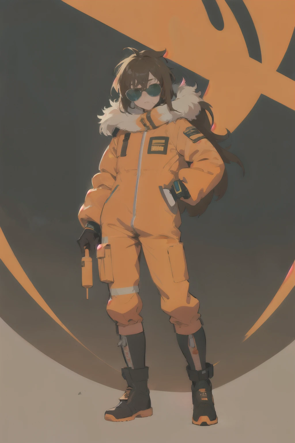 (ultra detailed,ultra high res,detailed background),((2D)),((flat color)),((muted color)),((floating neon)),1solo,looking at viewer, spray paint, graffiti, orange flight suit, big brown boots, fur collar, plush scarf, full body image, sunglasses