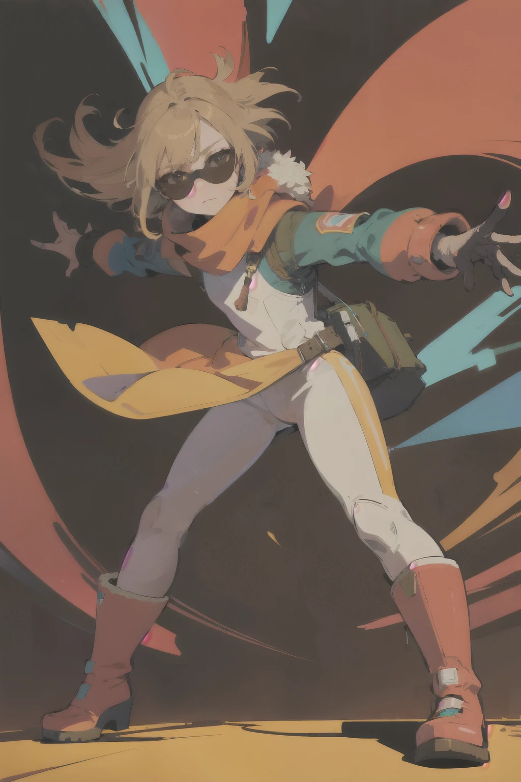 (ultra detailed,ultra high res,detailed background),((2D)),((flat color)),((muted color)),((floating neon)),1solo,looking at viewer, spray paint, graffiti, flight suit, big brown boots, fur collar, plush scarf, full body image, sunglasses, tassels, brocade,