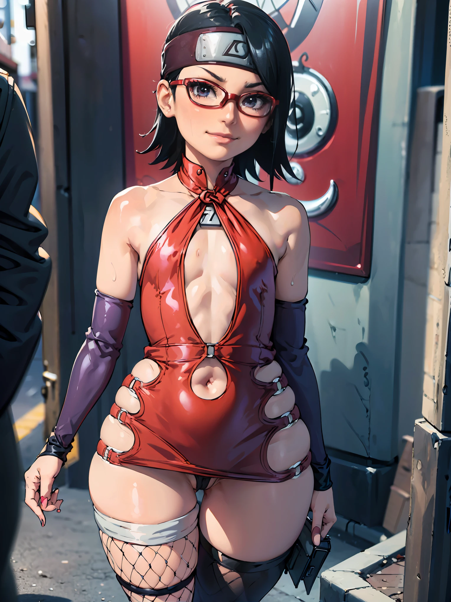 (solo:1.5),(masterpiece), (best quality:1.3), anime, hentai, ultra detailed, intricate, professional art, digital art, absurdres, 1girl, wet pussy, no pants, sarada uchiha posing on the the sidewalk wearing bodycon-minidress, pear shaped body, (hips wider than shoulders:1.4), (bodycon-minidress:1.3), smirk, black hair, short hair, headband, glasses, black eye color, sarada_uchiha,thick thighs, flat chest, bubble butt, frontal view, huge ass, wide hips, waspish hips, arm gloves, fishnet stockings, panties, (flat chest:1.2), smirk, nipple bulge,