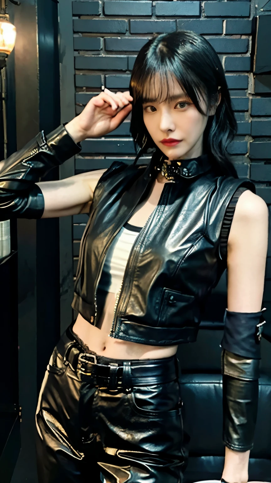 (highest quality)，masterpiece，Super detailed，8K, UHD，Beautiful woman，japanese woman，No expression，whole body，((tattoo))，slim，black leather pants，black leather vest，(female mafia)，gangster，(cyberpunk city)，night，cinematic lightening，underworld