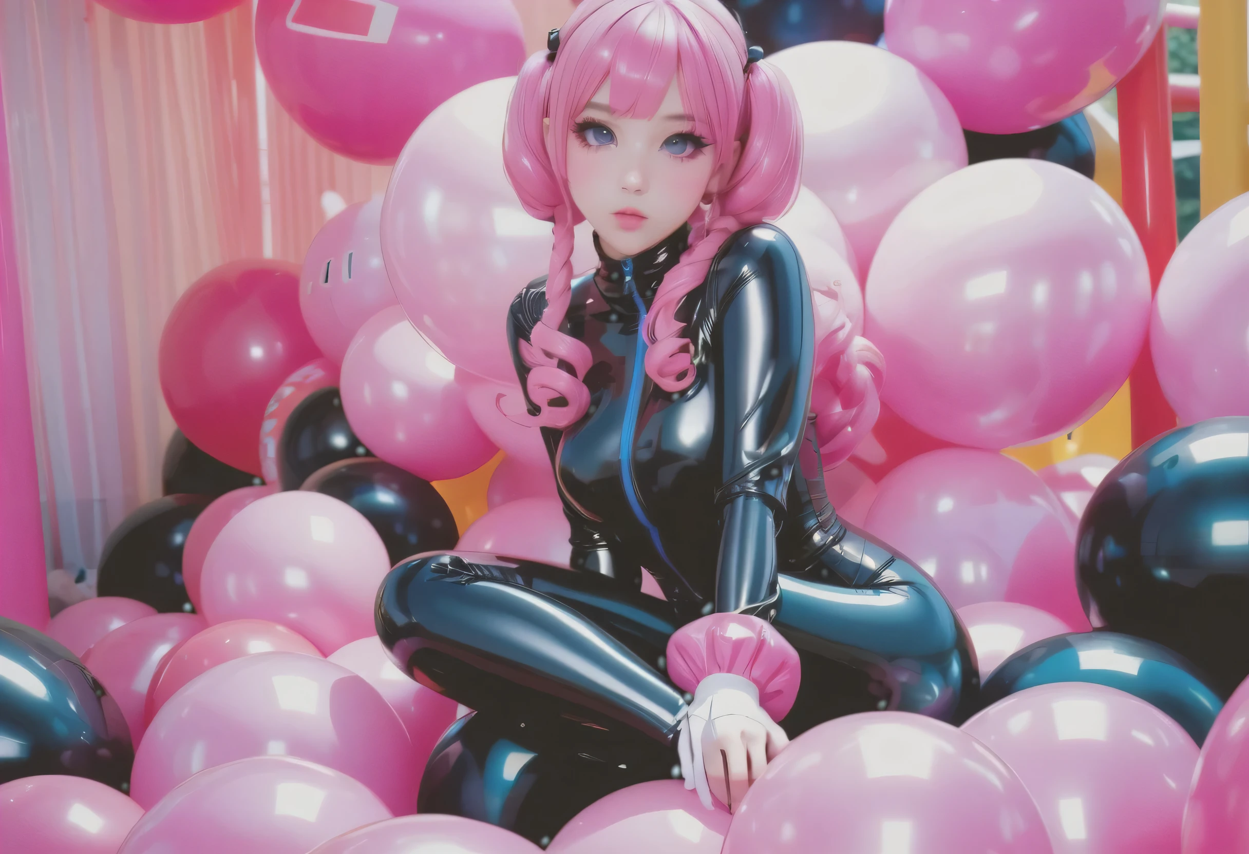 Lovely japanese with cute round face and pouty lips, wearing pink latex outfit with black inflatable sleeves, long pastel pink hair with blue highlights, gorgeous face, pouty lips, squatting over a clear pink inflatable peanut, pink cosplay, pink iconic character, glossy black rubber hoses in background, black and pink glossy latex suit, slick pink latex, flatable bounce house, thickly inflated black rubber balloons
