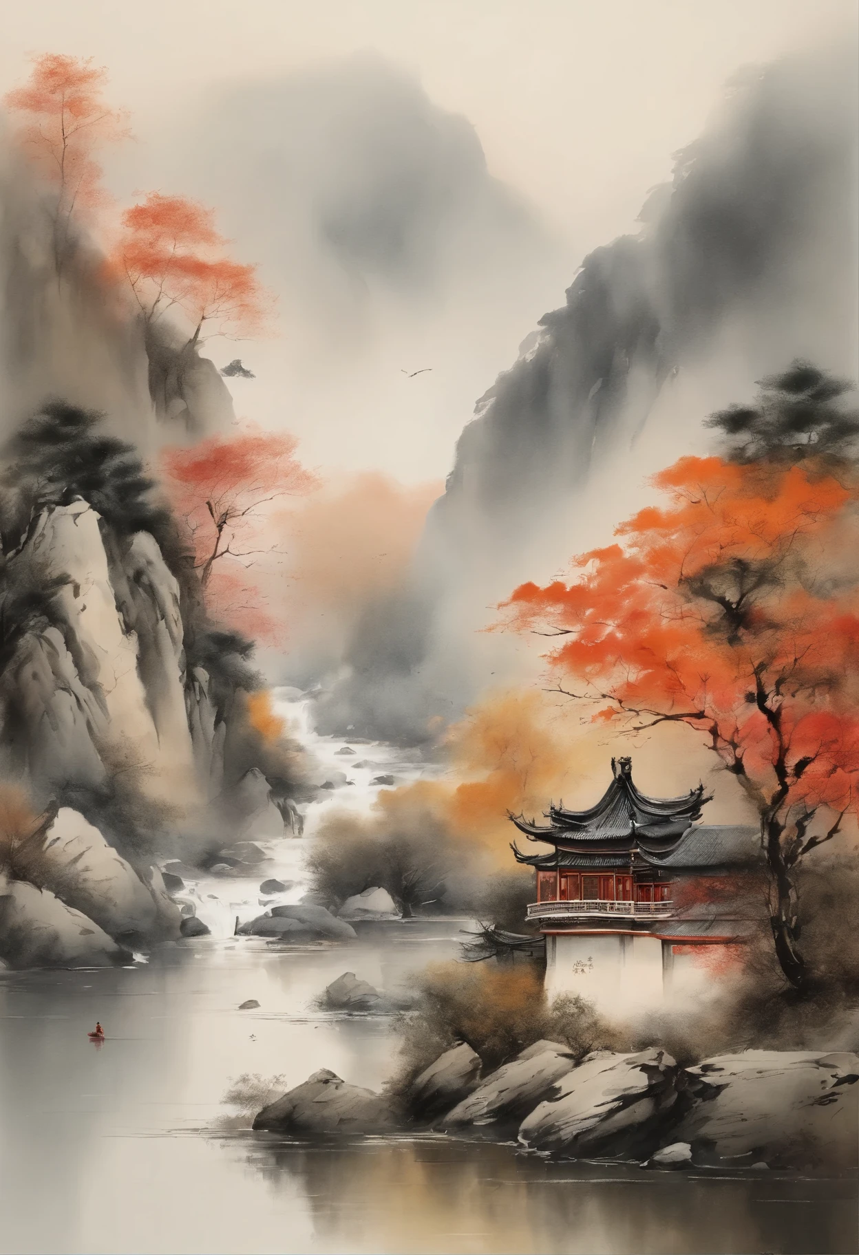 watercolor and ink painting, traditional Chinese landscape, realistic scenery, detailed brushstrokes, blending of Eastern and Western art, harmonious color palette, soft and flowing lines, ethereal atmosphere, subtle and delicate shading, masterful ink wash, expressive brushwork, tranquil and serene scenery, fusion of cultures, intricate details, capturing the essence of nature, poetic and timeless, balance between simplicity and complexity, evoking emotions, capturing the fleeting moment, immersive and immersive experience.wuguanzhong,
