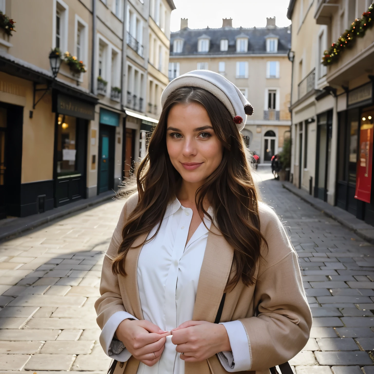 realistic photography, Bianca (Femme, 28 ans, long wavy brown hair) dehors en ville, entrain de marcher dans des rues sublimes éclairées par la lumière du jour. batiments chics et passages piétons, illuminated by daylight. Une élaboration sur Bianca, s'en pleine ville animée, adorned with'Fully dressed, tenue chic, manteau, chapeau, baskets, La décoration de l'breathtaking street and cityscape add festive charm to the scene.. doux, natural light illuminates the woman, projetant une lueur chaleureuse sur la femme. L'atmosphère respire la joie et l'holiday elegance, capturer un moment serein et joyeux. Photo prise par Emma Jackson avec un Nikon D850 et un objectif 50 mm, capturing natural daylight that adds warmth and vibrancy to festive decor, 8K, Ultra HD, super-resolution. --dans 5 --q 2