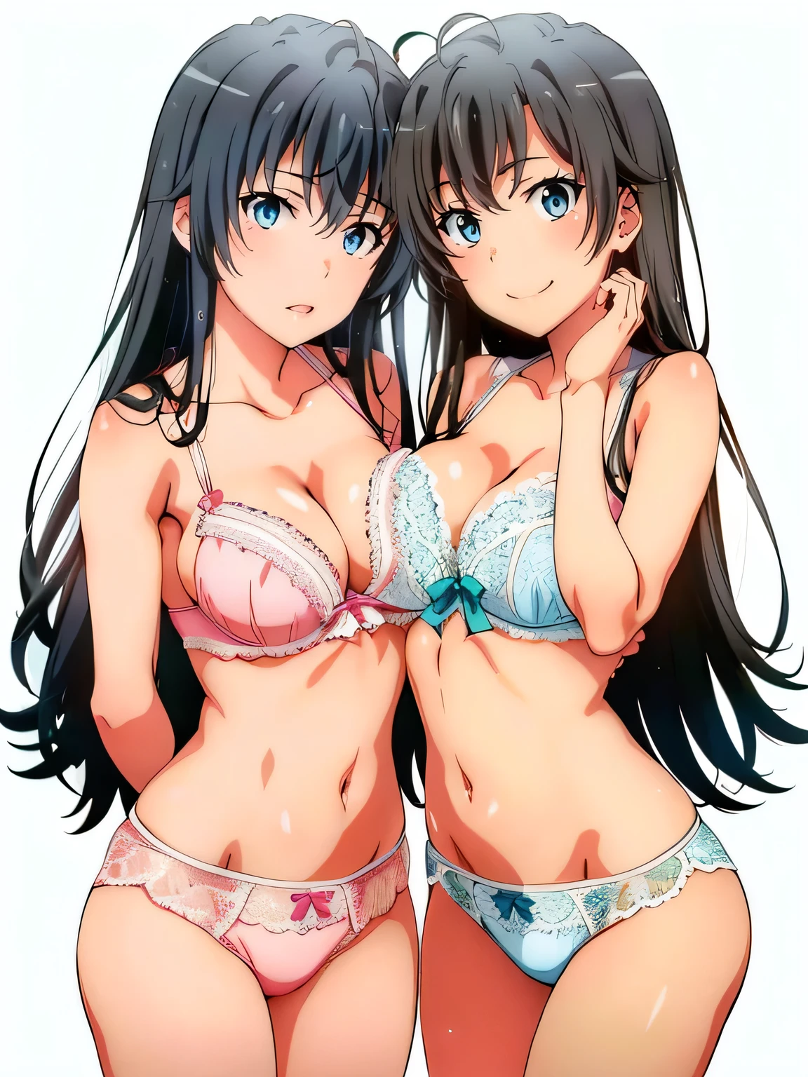 2 girls, sample background, (White lace underwear Yukinoshita Yukino),(Big breasted Yuigahama in pink lace underwear), lily