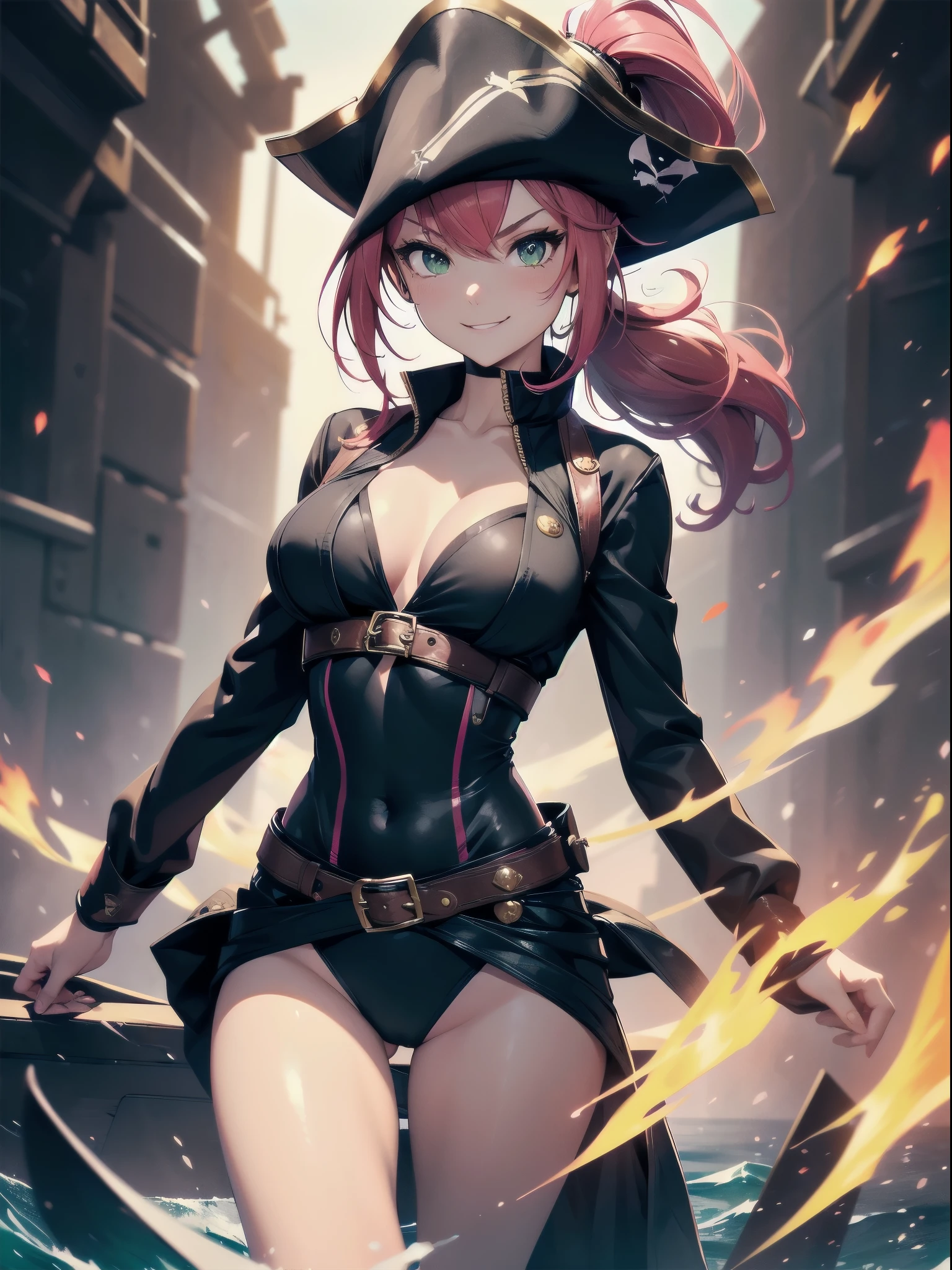 1girl, solo, masterpiece, best quality, black leotard with pink accents, (long sleeves, pirate costume, pirate hat, pirate boots), body infused with fire, flame particles, green hair, light brown eyes, playful, evil smile, gleeful smile, cute face, (body infused with a red aura, energy field), full body shot, depth of field, looking at viewer, bare legs, medium breastedium hair, ponytail) perfect anatomy, perfect hands, tall body, tight belt, outer space backdrop, pirate ship