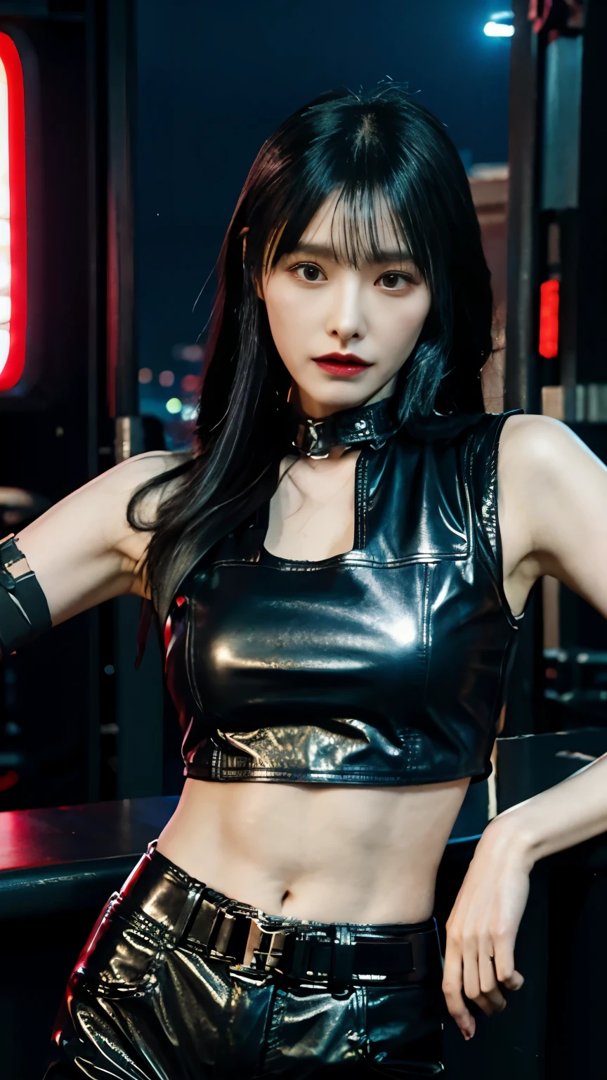 (highest quality)，masterpiece，Super detailed，8K, UHD，Beautiful woman，japanese woman，No expression，whole body，((tattoo))，slim，black leather pants，black leather vest，(female mafia)，gangster，(cyberpunk city)，night，cinematic lightening，underworld