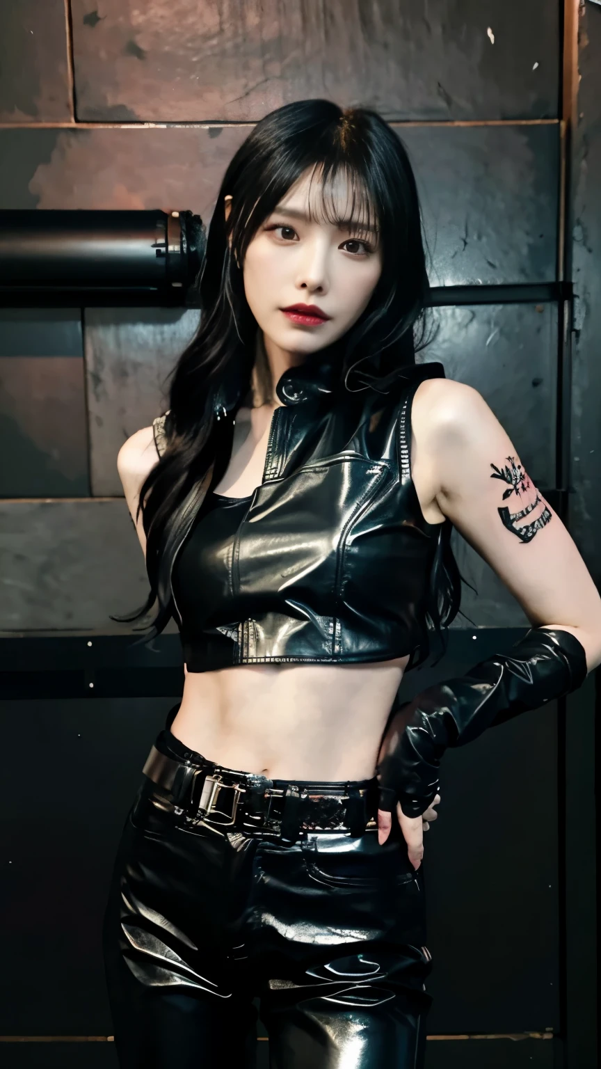 (highest quality)，masterpiece，Super detailed，8K, UHD，Beautiful woman，japanese woman，No expression，whole body，((tattoo))，slim，black leather pants，black leather vest，(female mafia)，gangster，(cyberpunk city)，night，cinematic lightening，underworld