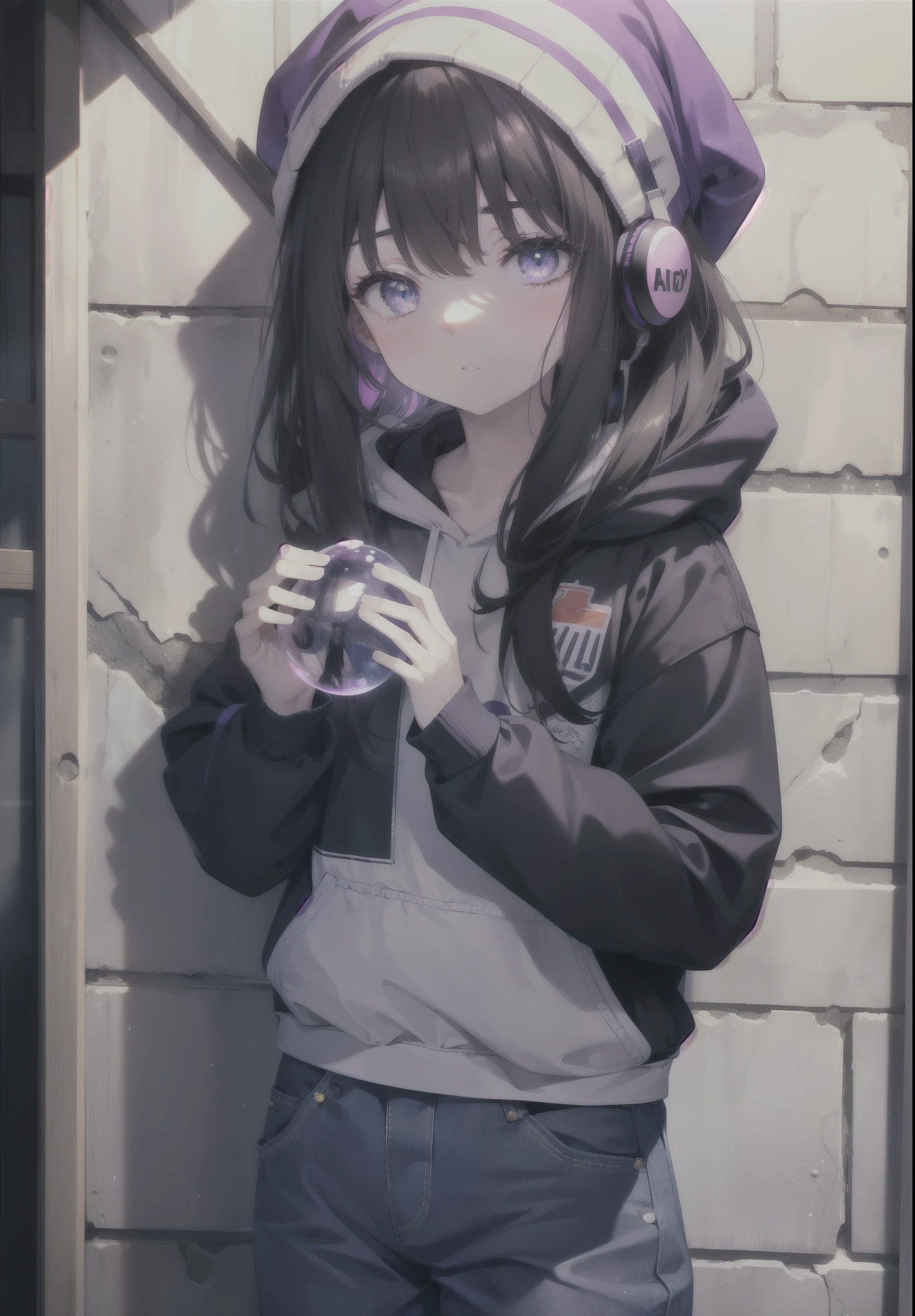 Takiuchi Kame, check it out, long hair, bangs, black hair, (purple eyes:1.2),Blue hoodie,knit hat,Headphones are hanging around your neck,Oversized denim pants、sneakers,blow bubble gum, pink bubble gum,standing leaning against the wall,meeting,noon,Clear skies,
break ourdoors, Alley,
break looking at viewer, (cowboy shot:1.5),
break (masterpiece:1.2), highest quality, High resolution, unity 8k wallpaper, (figure:0.8), (detailed and beautiful eyes:1.6), highly detailed face, perfect lighting, Very detailed CG, (perfect hands, perfect anatomy),